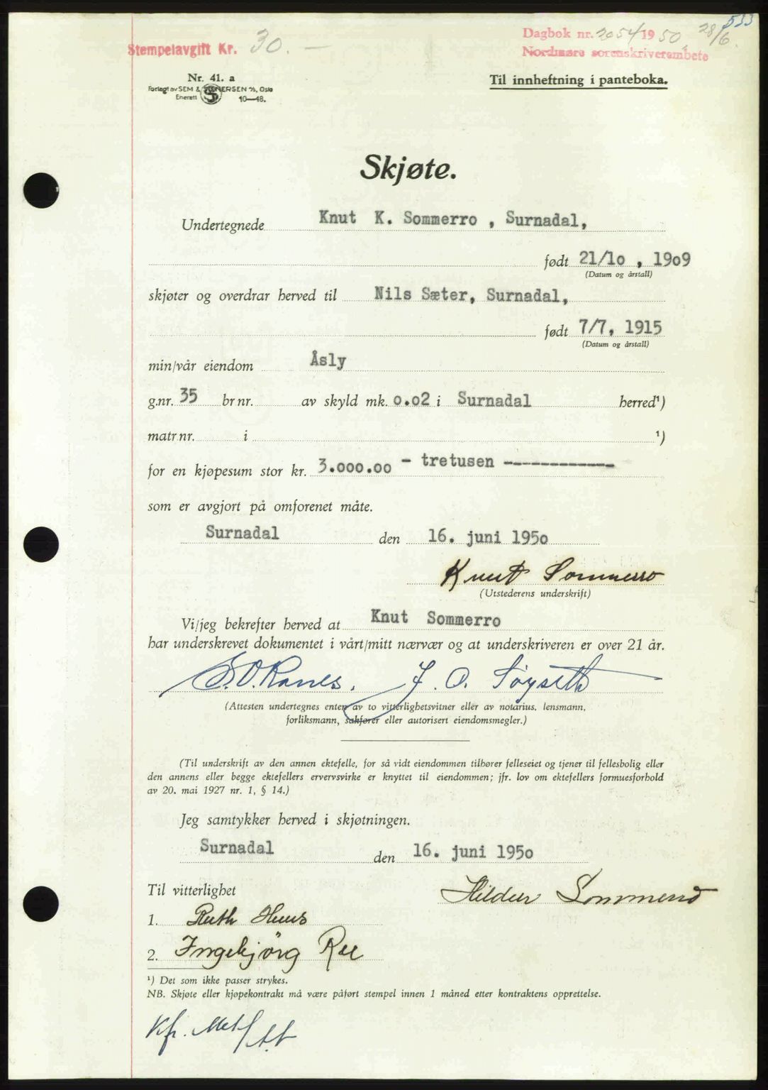 Nordmøre sorenskriveri, AV/SAT-A-4132/1/2/2Ca: Mortgage book no. A115, 1950-1950, Diary no: : 2054/1950