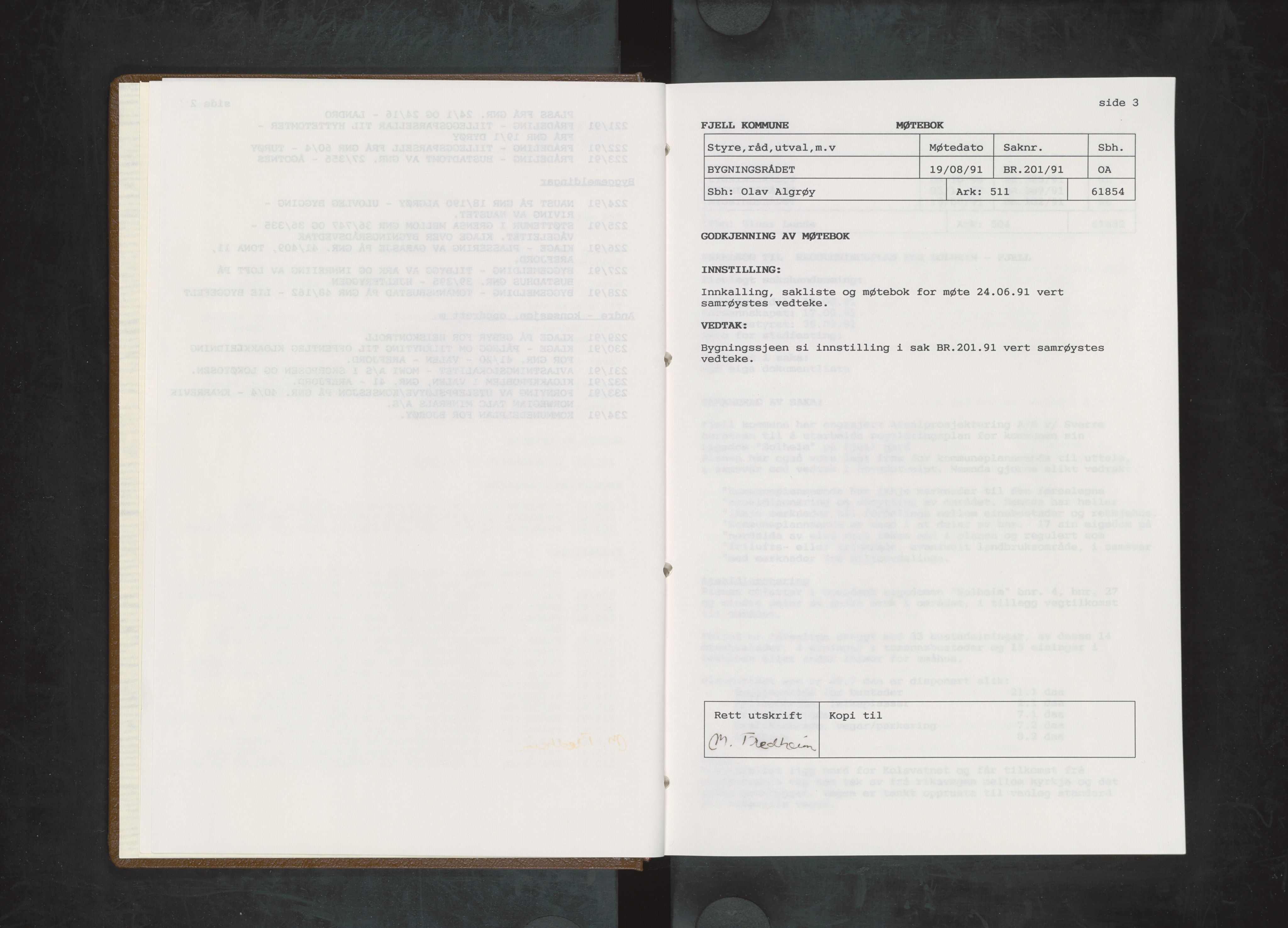 Fjell kommune. Bygningsrådet, IKAH/1246-511/A/Aa/L0031: Møtebok for Fjell bygningsråd, 1991