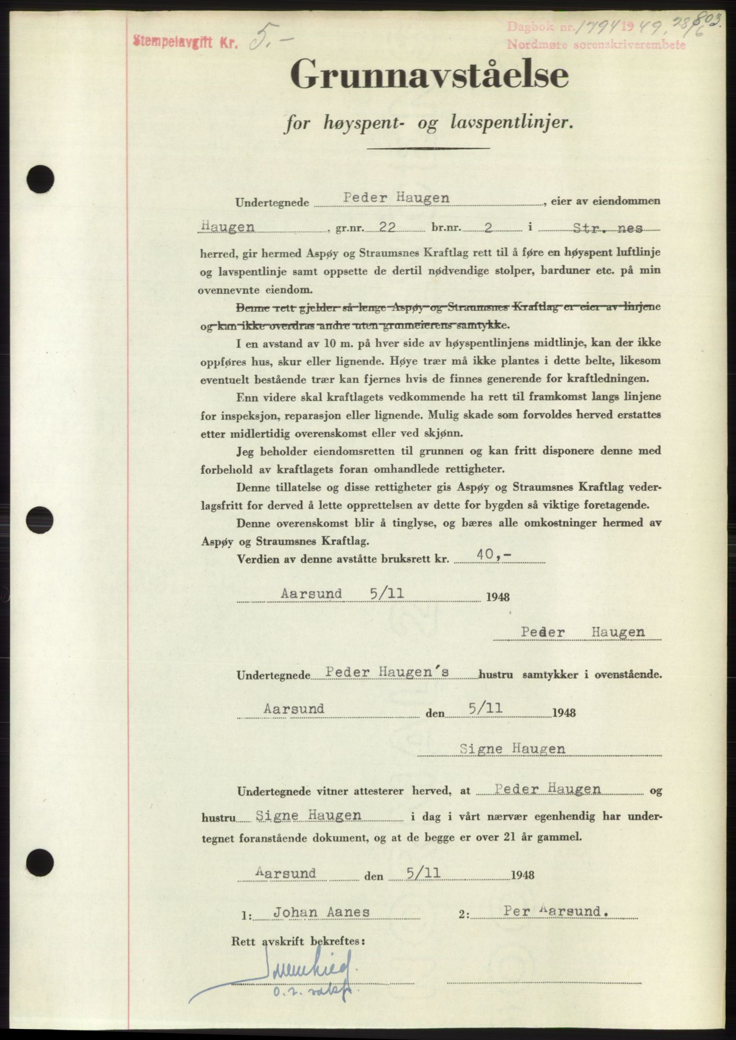 Nordmøre sorenskriveri, AV/SAT-A-4132/1/2/2Ca: Mortgage book no. B101, 1949-1949, Diary no: : 1794/1949