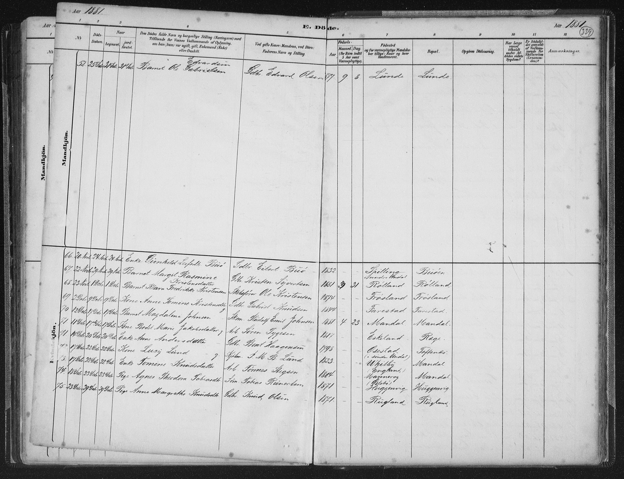 Mandal sokneprestkontor, AV/SAK-1111-0030/F/Fb/Fba/L0011: Parish register (copy) no. B 5, 1880-1898, p. 339