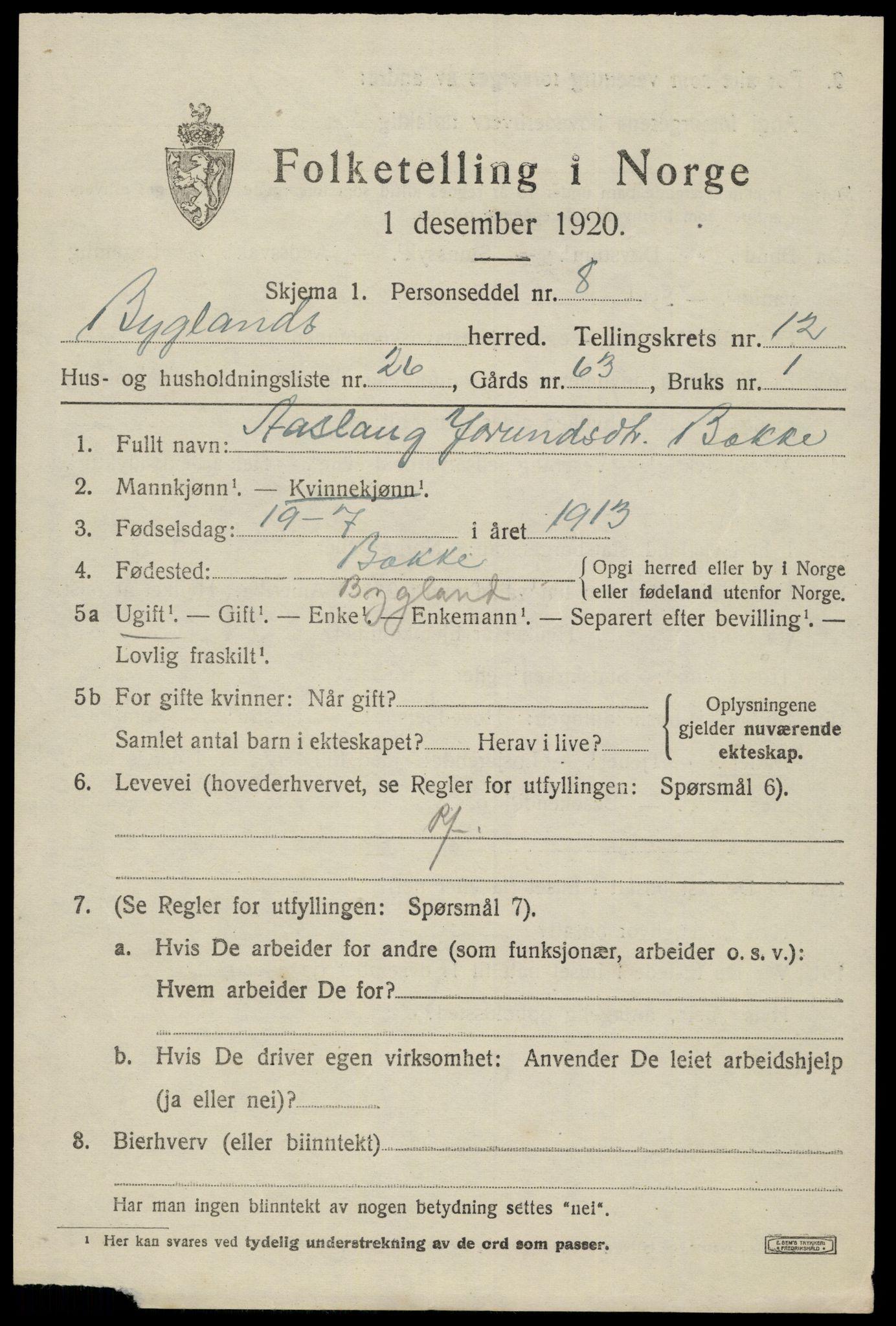 SAK, 1920 census for Bygland, 1920, p. 5251