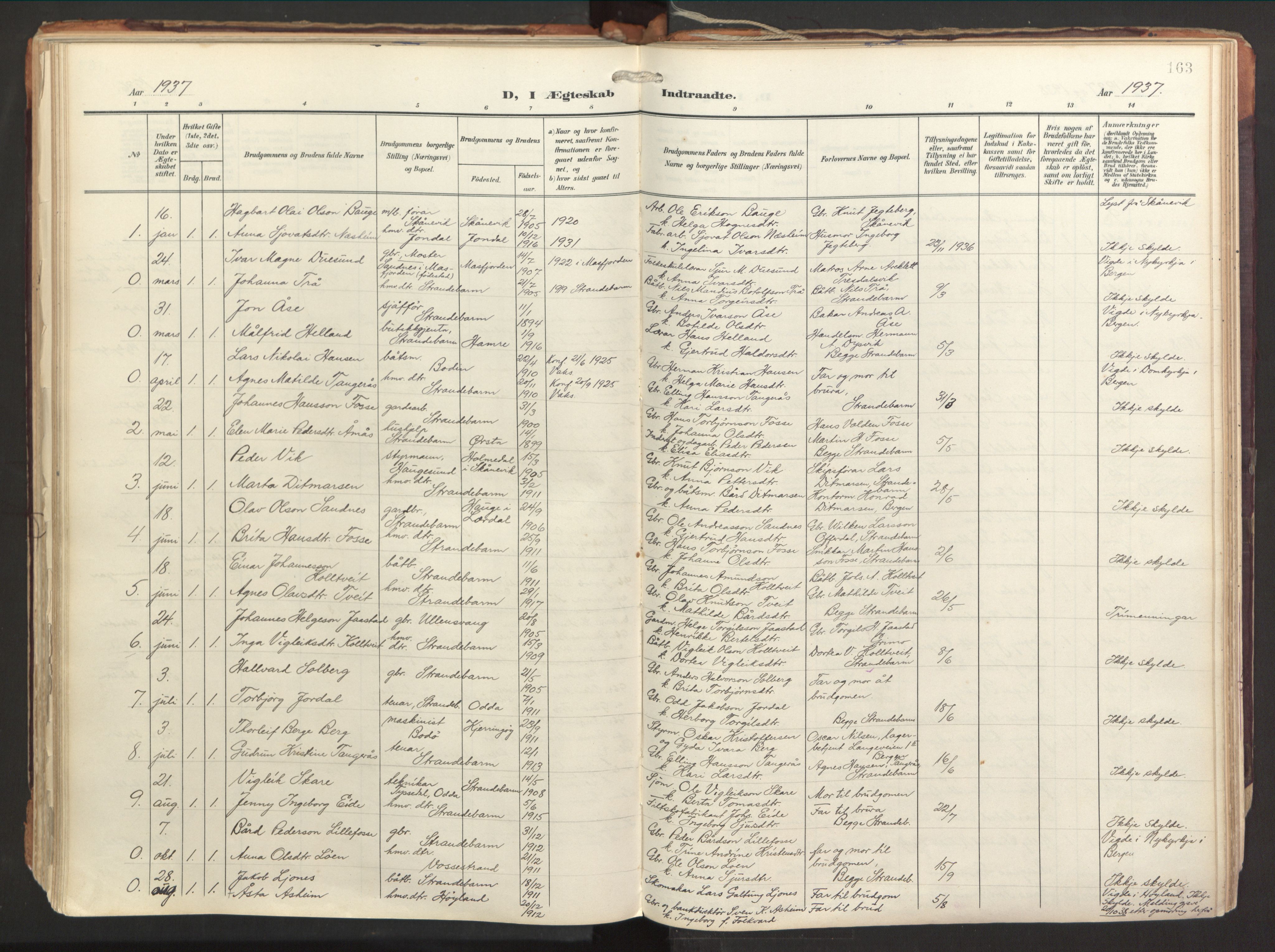 Strandebarm sokneprestembete, SAB/A-78401/H/Haa: Parish register (official) no. B 2, 1909-1941, p. 163