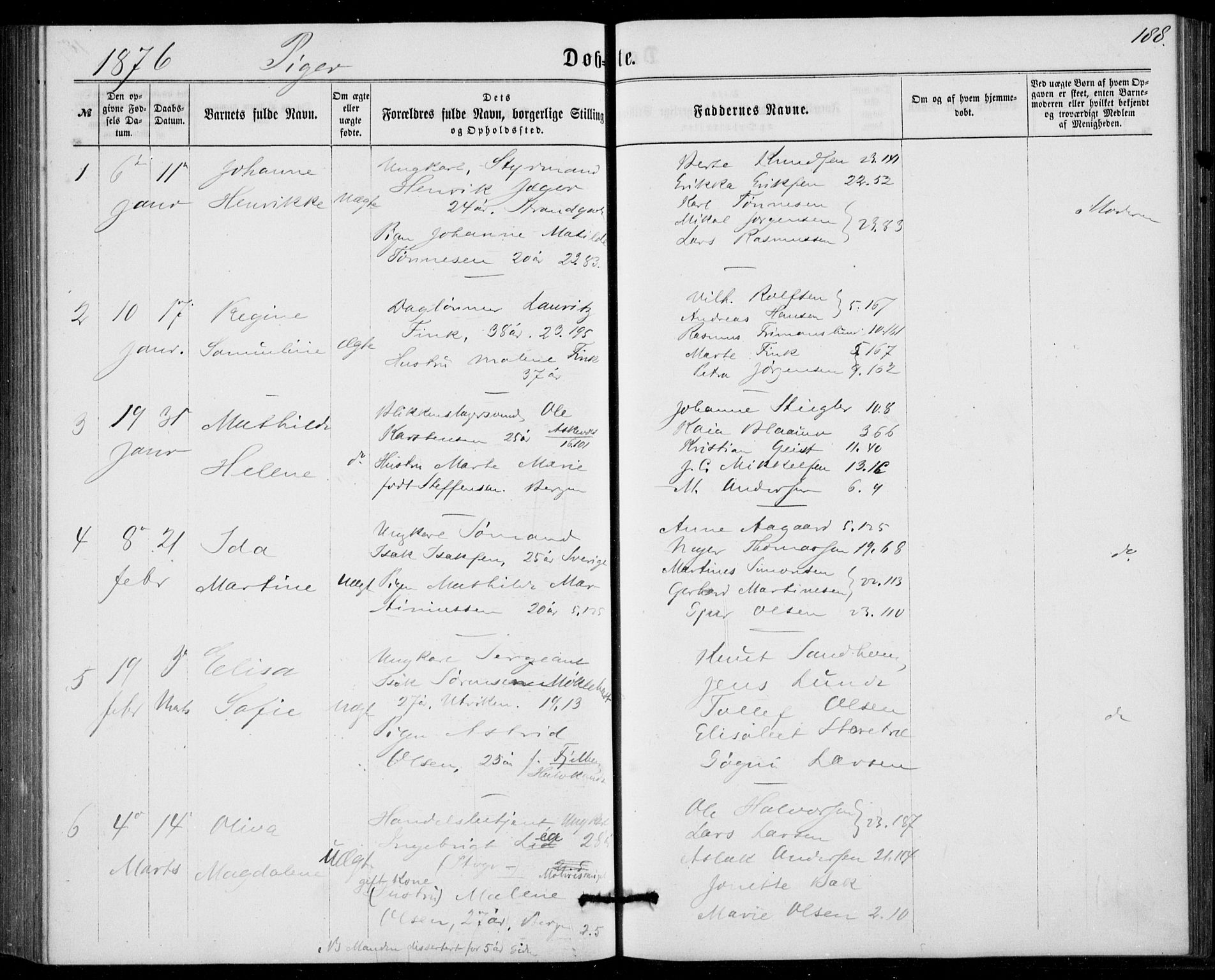 Fødselsstiftelsens sokneprestembete, ført av overlegen*, SAB/-: Parish register (official) no. A 1, 1863-1883, p. 188