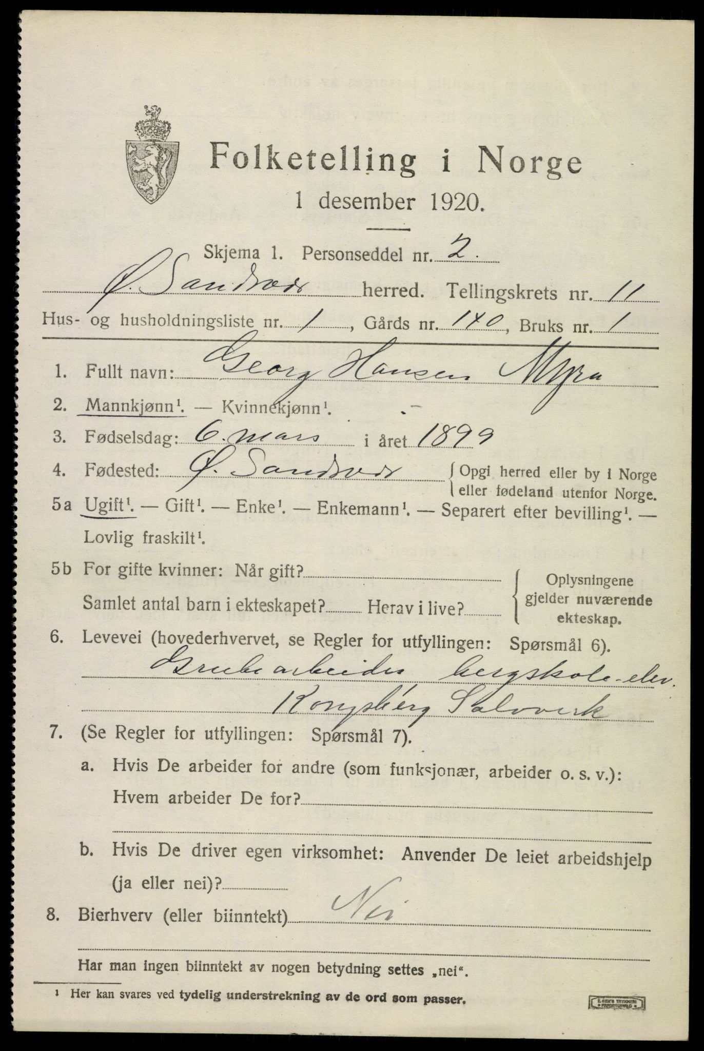SAKO, 1920 census for Øvre Sandsvær, 1920, p. 5732