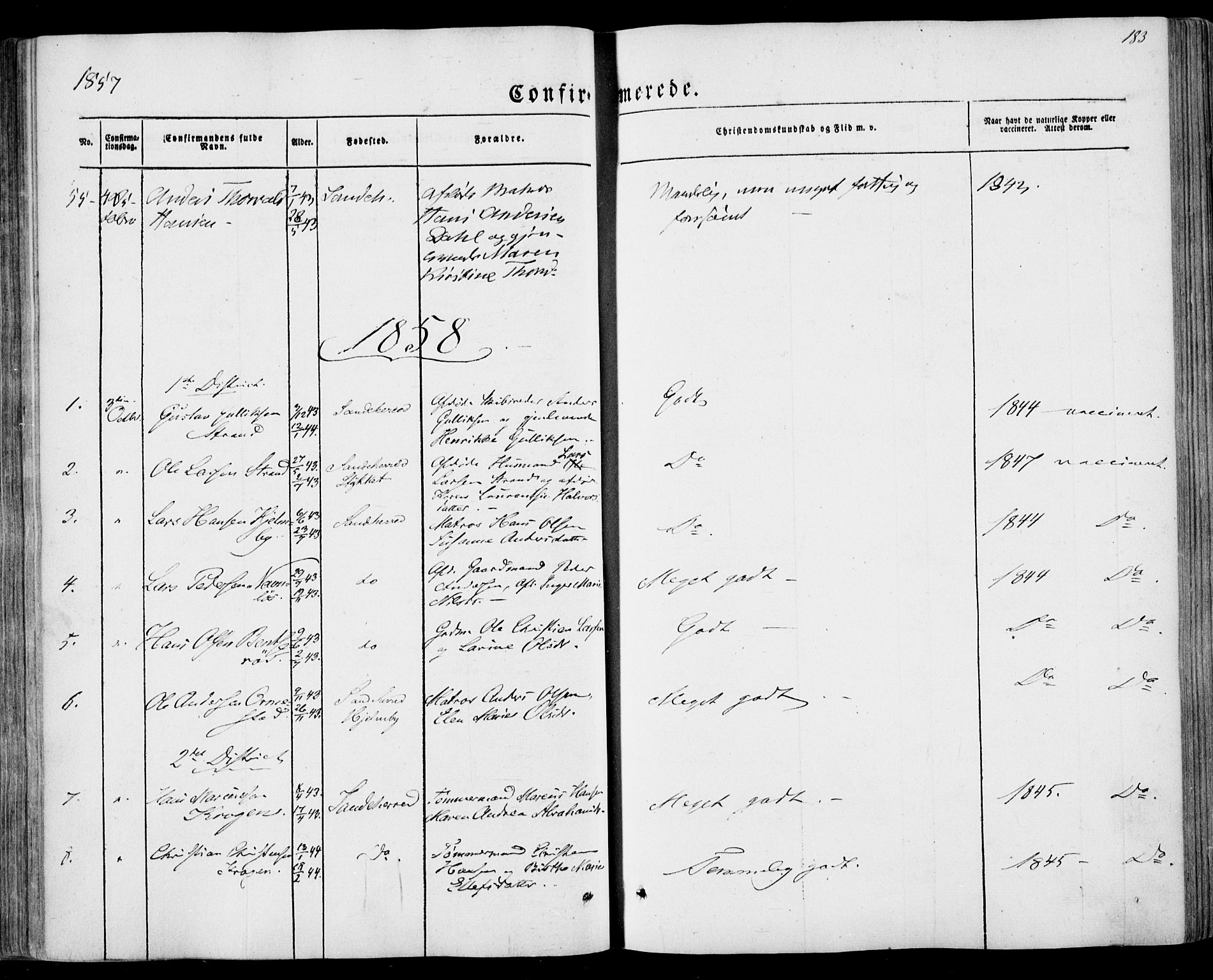 Sandar kirkebøker, SAKO/A-243/F/Fa/L0007: Parish register (official) no. 7, 1855-1861, p. 183
