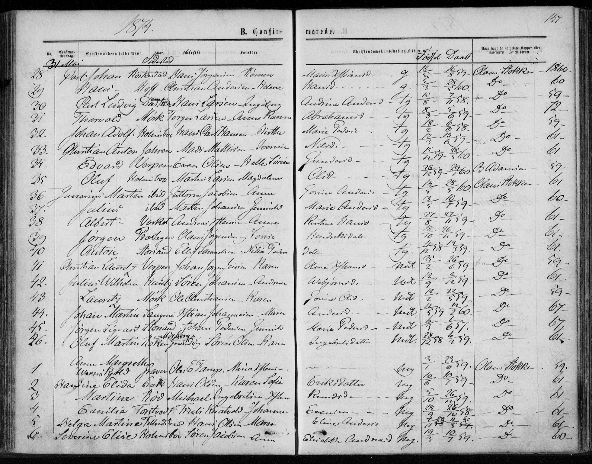 Hurum kirkebøker, AV/SAKO-A-229/F/Fa/L0012: Parish register (official) no. 12, 1861-1875, p. 147