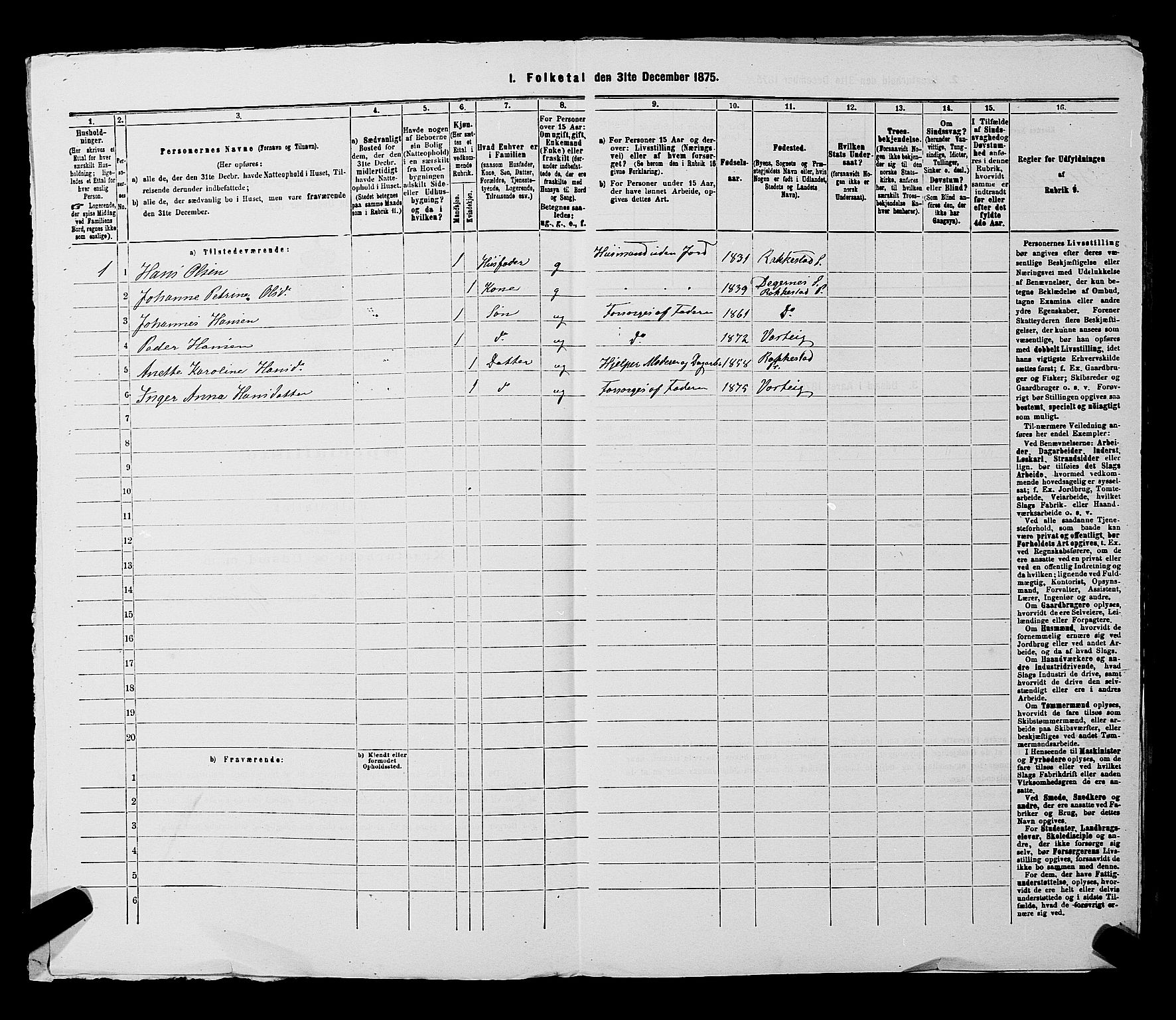 RA, 1875 census for 0114P Varteig, 1875, p. 411