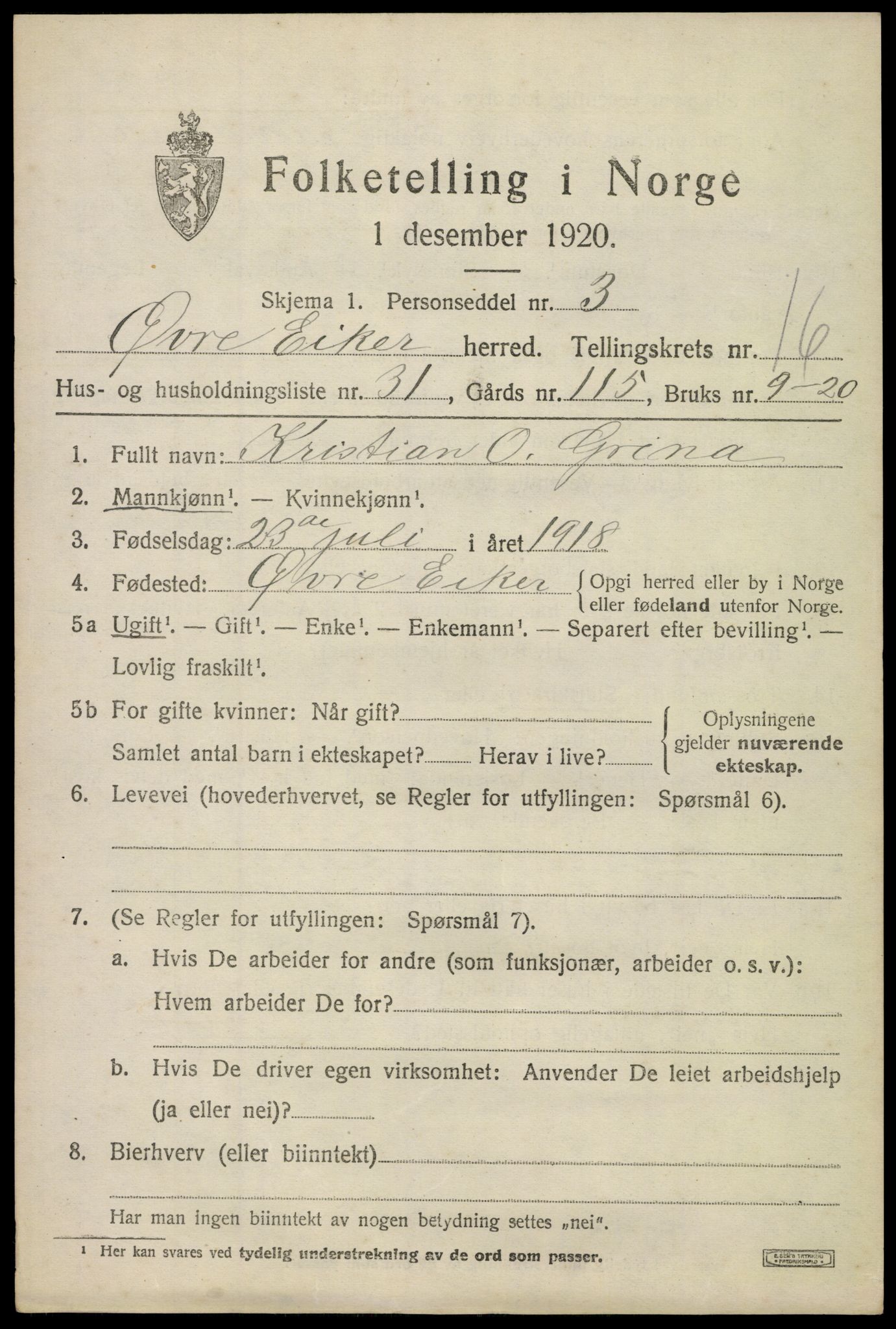 SAKO, 1920 census for Øvre Eiker, 1920, p. 21314