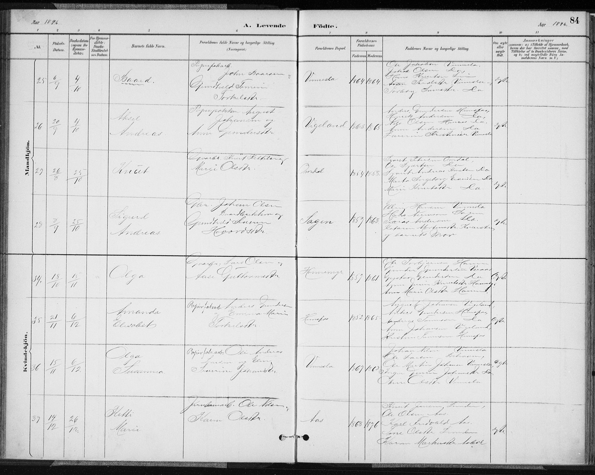 Vennesla sokneprestkontor, AV/SAK-1111-0045/Fa/Fab/L0004: Parish register (official) no. A 4, 1884-1896, p. 84