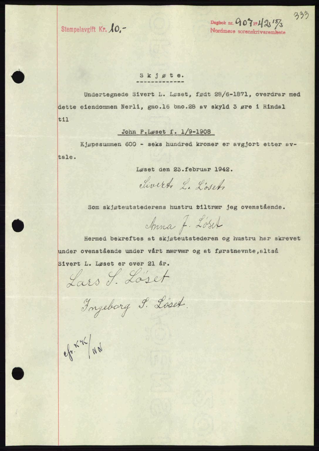 Nordmøre sorenskriveri, AV/SAT-A-4132/1/2/2Ca: Mortgage book no. A92, 1942-1942, Diary no: : 907/1942