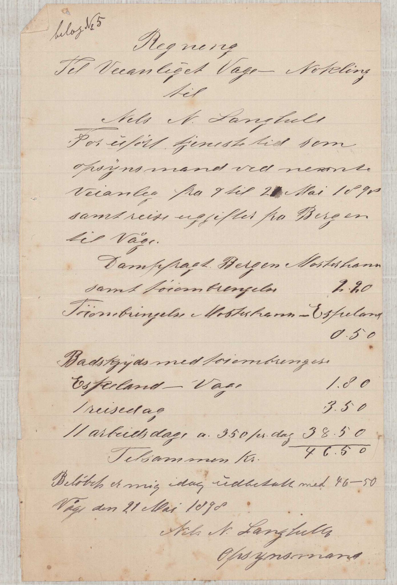 Finnaas kommune. Formannskapet, IKAH/1218a-021/E/Ea/L0002/0006: Rekneskap for veganlegg / Rekneskap for veganlegget Våge - Nøkling, 1898, p. 1