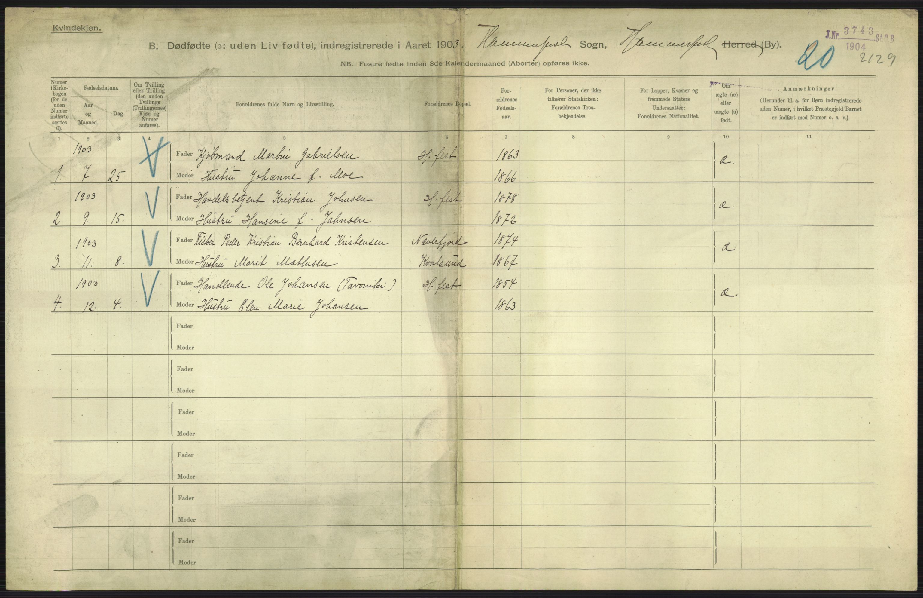 Statistisk sentralbyrå, Sosiodemografiske emner, Befolkning, AV/RA-S-2228/D/Df/Dfa/Dfaa/L0026: Smålenenes - Finnmarkens amt: Dødfødte. Byer., 1903, p. 193