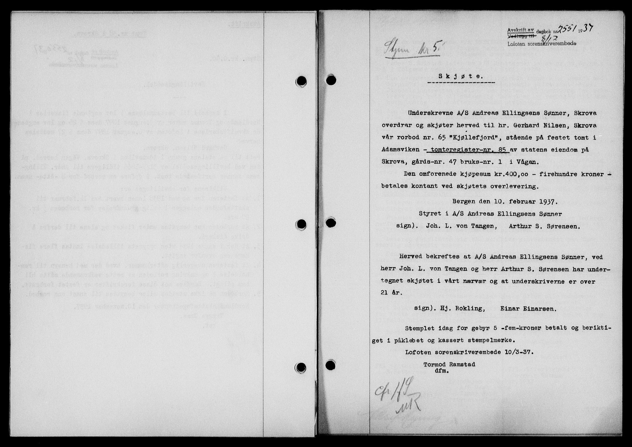 Lofoten sorenskriveri, SAT/A-0017/1/2/2C/L0003a: Mortgage book no. 3a, 1937-1938, Diary no: : 2551/1937