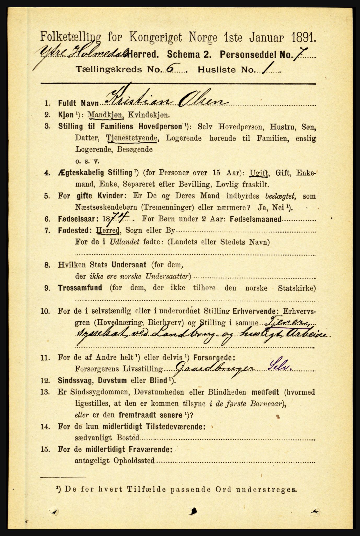 RA, 1891 census for 1429 Ytre Holmedal, 1891, p. 1338