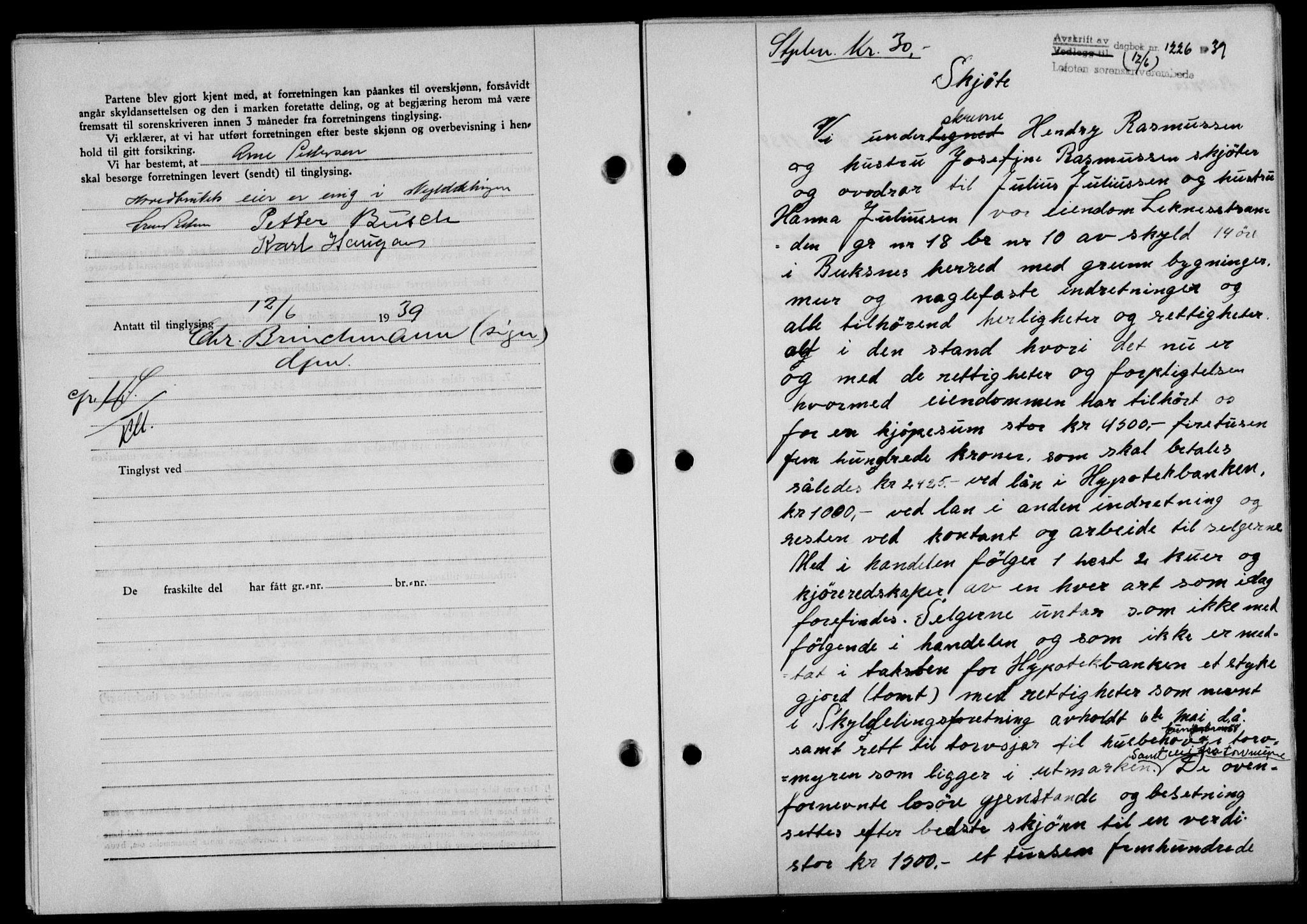 Lofoten sorenskriveri, SAT/A-0017/1/2/2C/L0005a: Mortgage book no. 5a, 1939-1939, Diary no: : 1226/1939