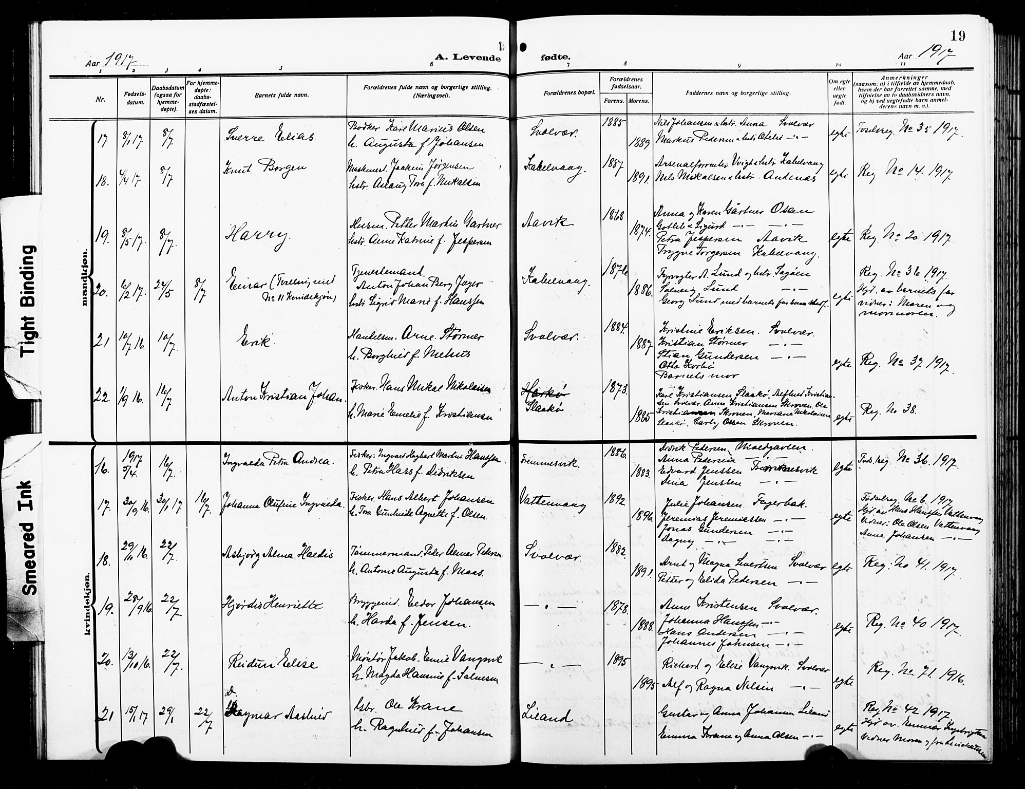 Ministerialprotokoller, klokkerbøker og fødselsregistre - Nordland, AV/SAT-A-1459/874/L1080: Parish register (copy) no. 874C09, 1915-1925, p. 19