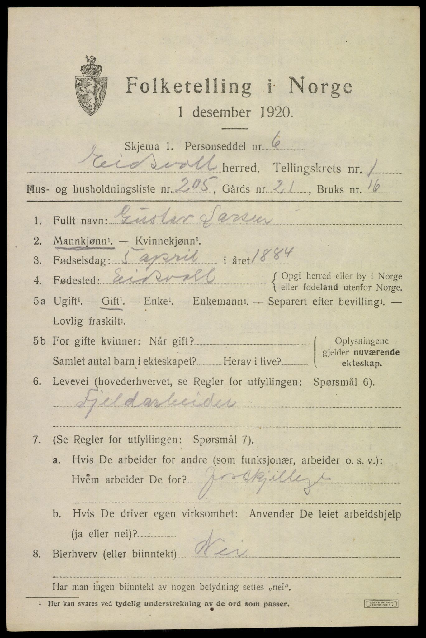 SAO, 1920 census for Eidsvoll, 1920, p. 6457