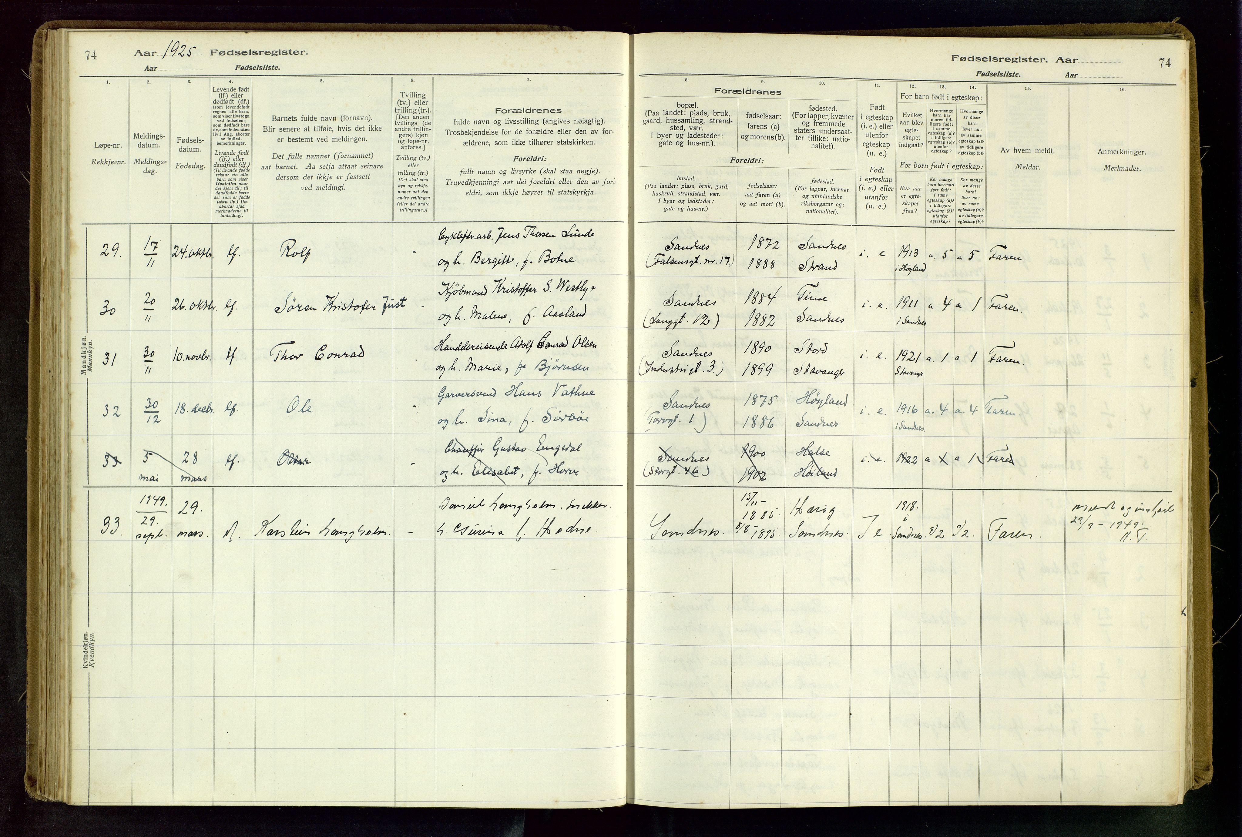 Sandnes sokneprestkontor, SAST/A-101800/704BA/L0001: Birth register no. 1, 1916-1942, p. 74