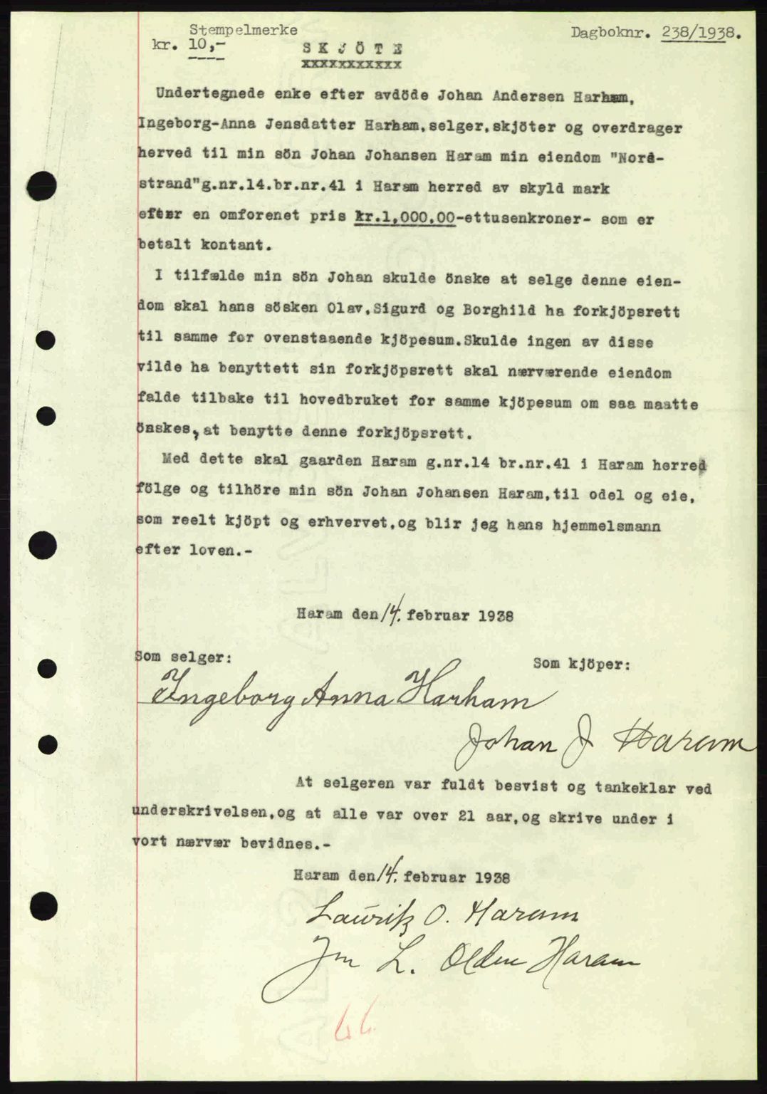 Nordre Sunnmøre sorenskriveri, AV/SAT-A-0006/1/2/2C/2Ca: Mortgage book no. A4, 1937-1938, Diary no: : 238/1938