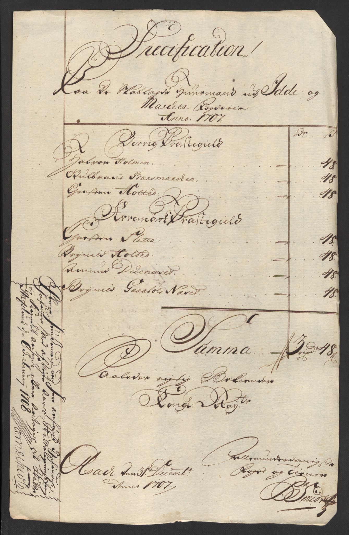 Rentekammeret inntil 1814, Reviderte regnskaper, Fogderegnskap, AV/RA-EA-4092/R01/L0018: Fogderegnskap Idd og Marker, 1707-1709, p. 70