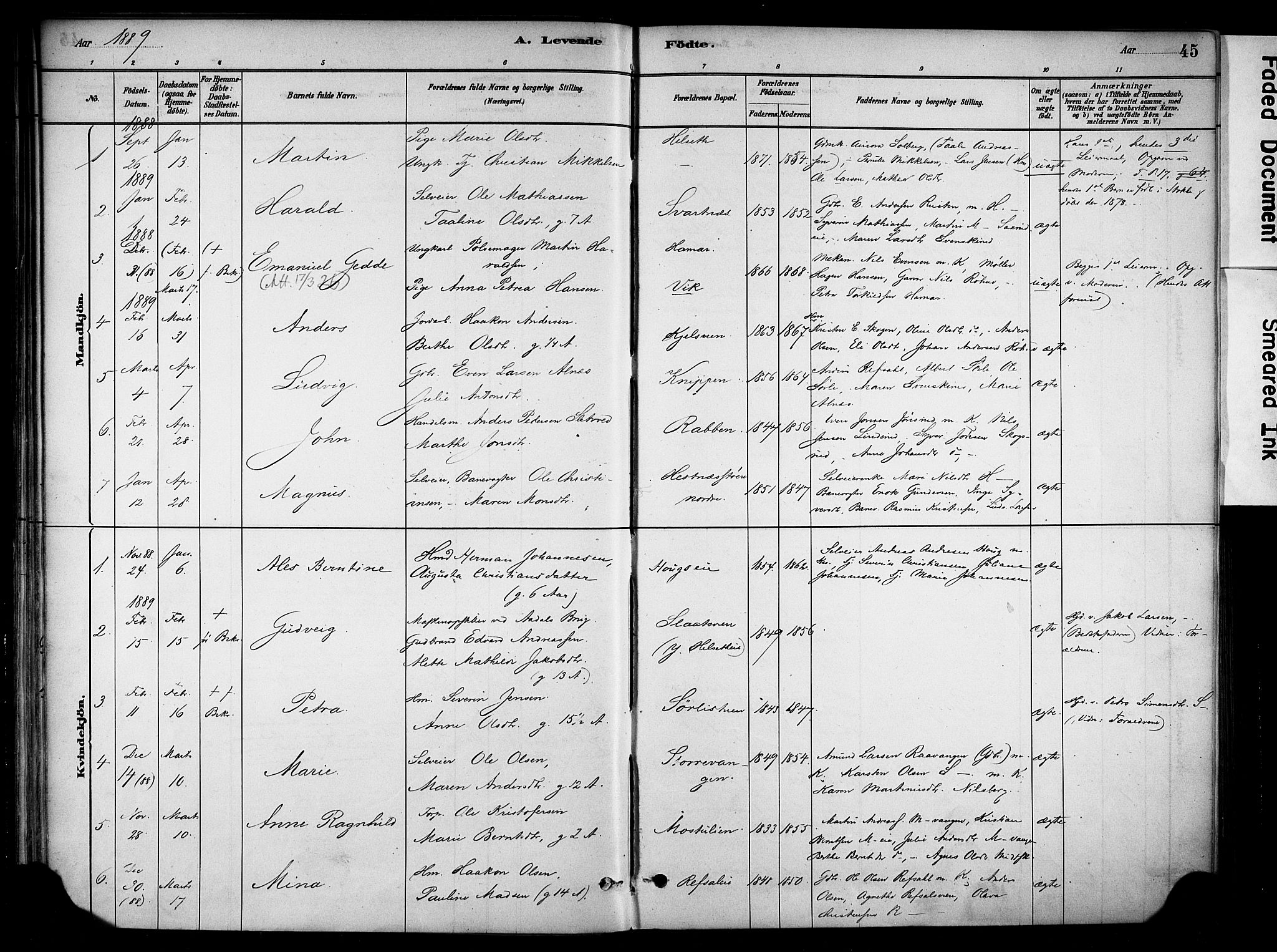 Stange prestekontor, SAH/PREST-002/K/L0018: Parish register (official) no. 18, 1880-1896, p. 45