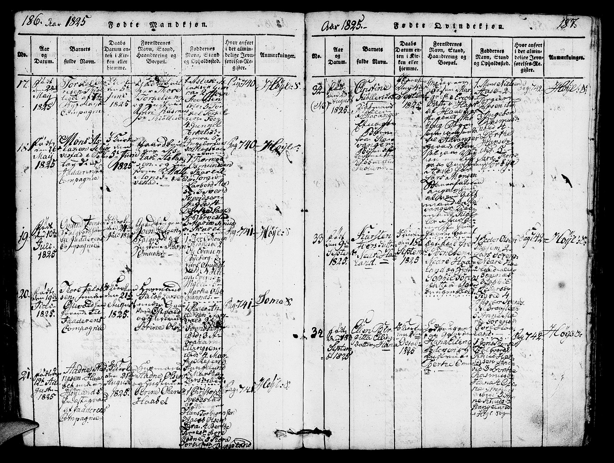 Høyland sokneprestkontor, AV/SAST-A-101799/001/30BA/L0006: Parish register (official) no. A 6, 1815-1825, p. 186-187