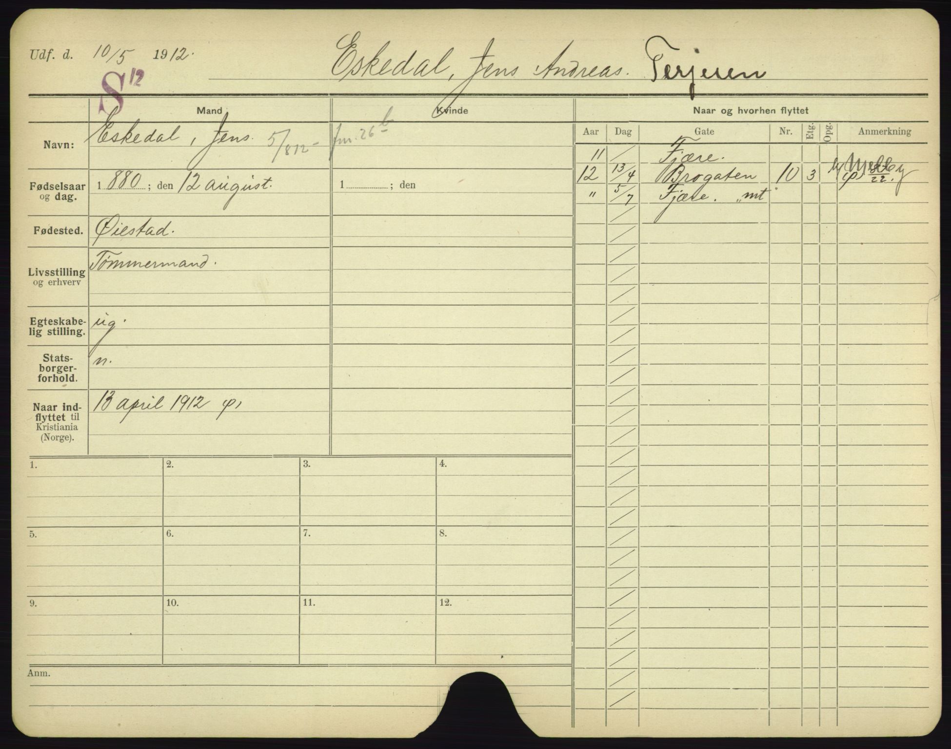 Oslo folkeregister, Registerkort, AV/SAO-A-11715/F/Fa/Fac/L0002: Menn, 1906-1914, p. 1174a