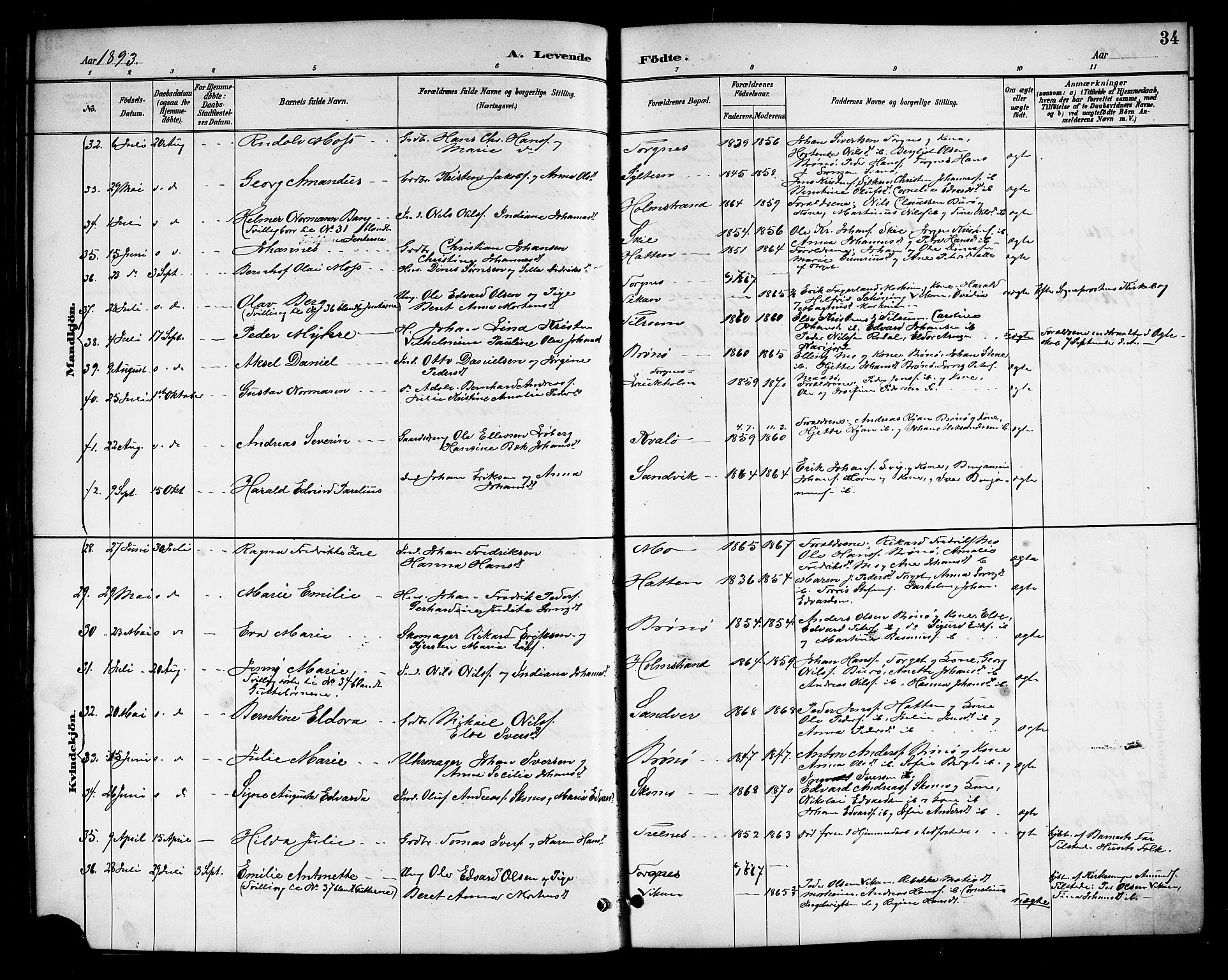 Ministerialprotokoller, klokkerbøker og fødselsregistre - Nordland, SAT/A-1459/813/L0213: Parish register (copy) no. 813C05, 1887-1903, p. 34