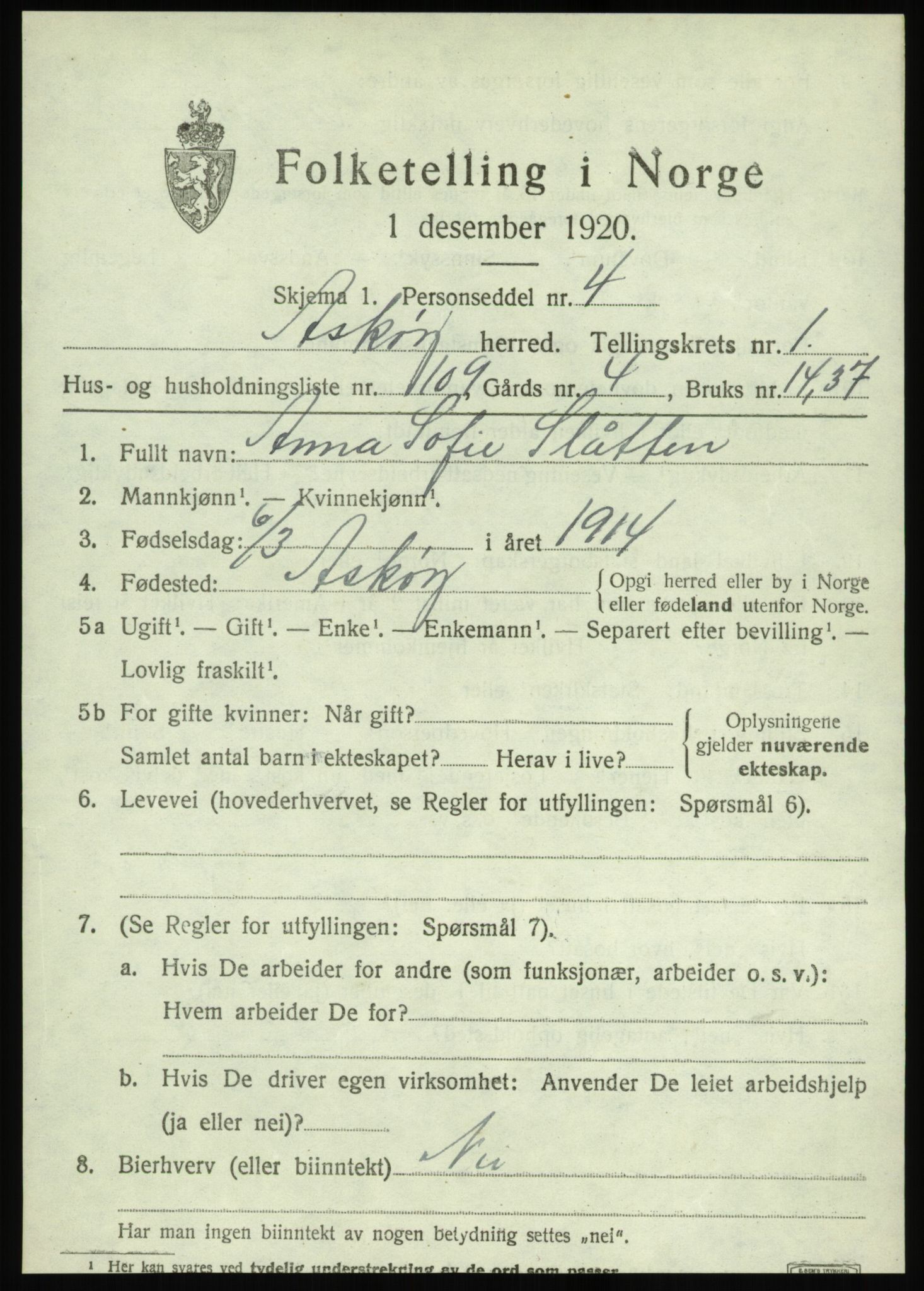 SAB, 1920 census for Askøy, 1920, p. 4496