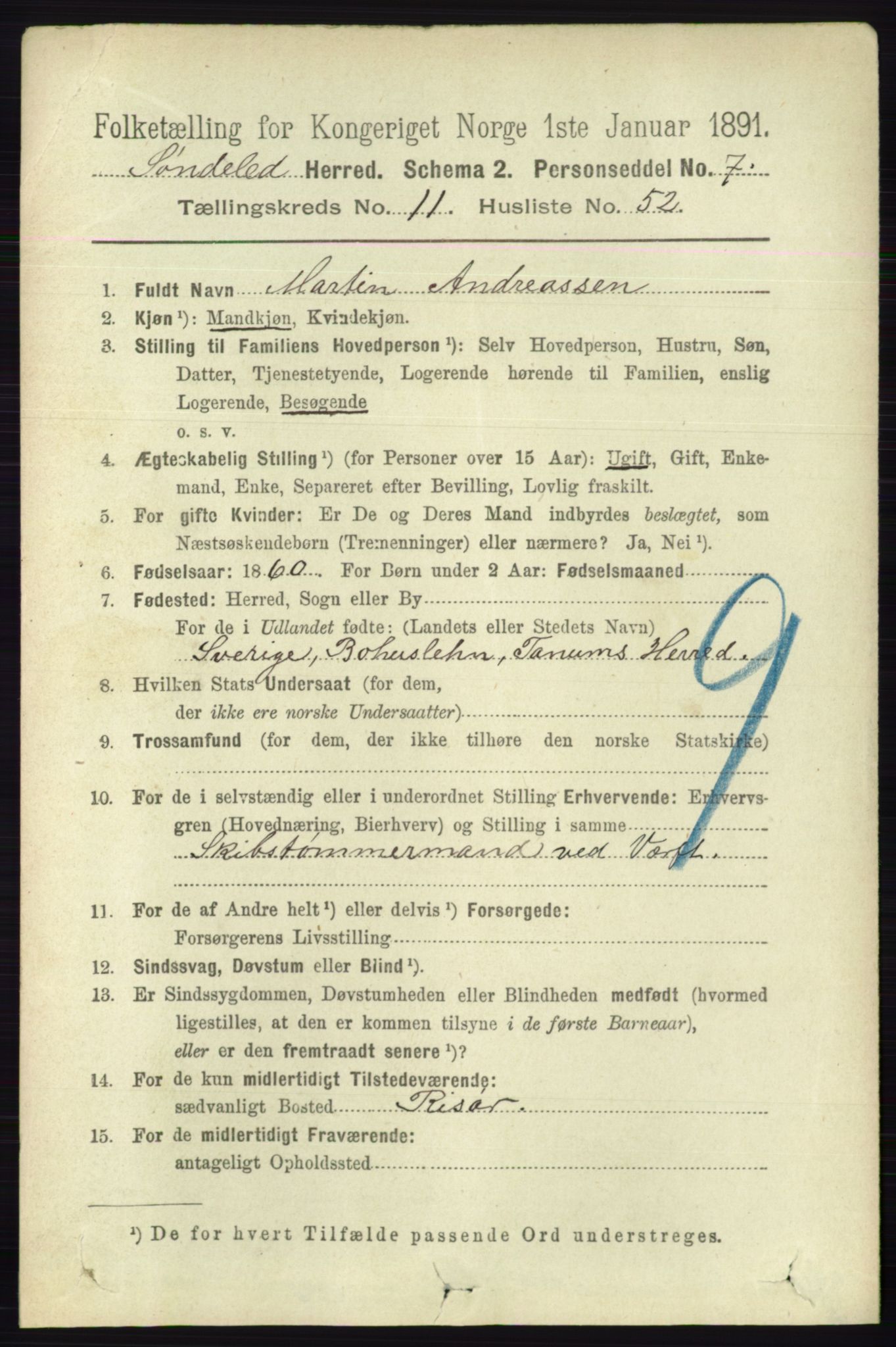 RA, 1891 census for 0913 Søndeled, 1891, p. 3639