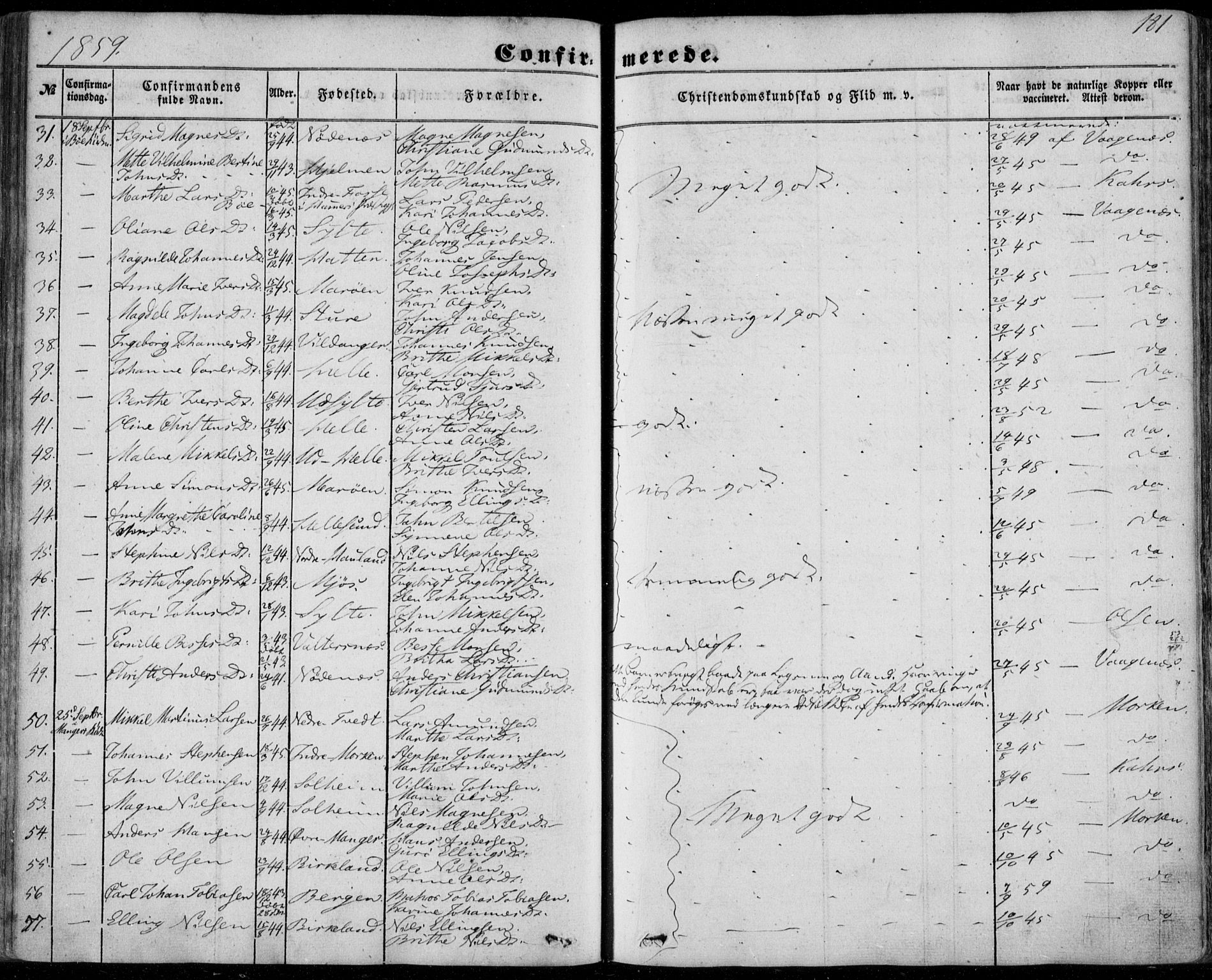 Manger sokneprestembete, AV/SAB-A-76801/H/Haa: Parish register (official) no. A 6, 1849-1859, p. 181