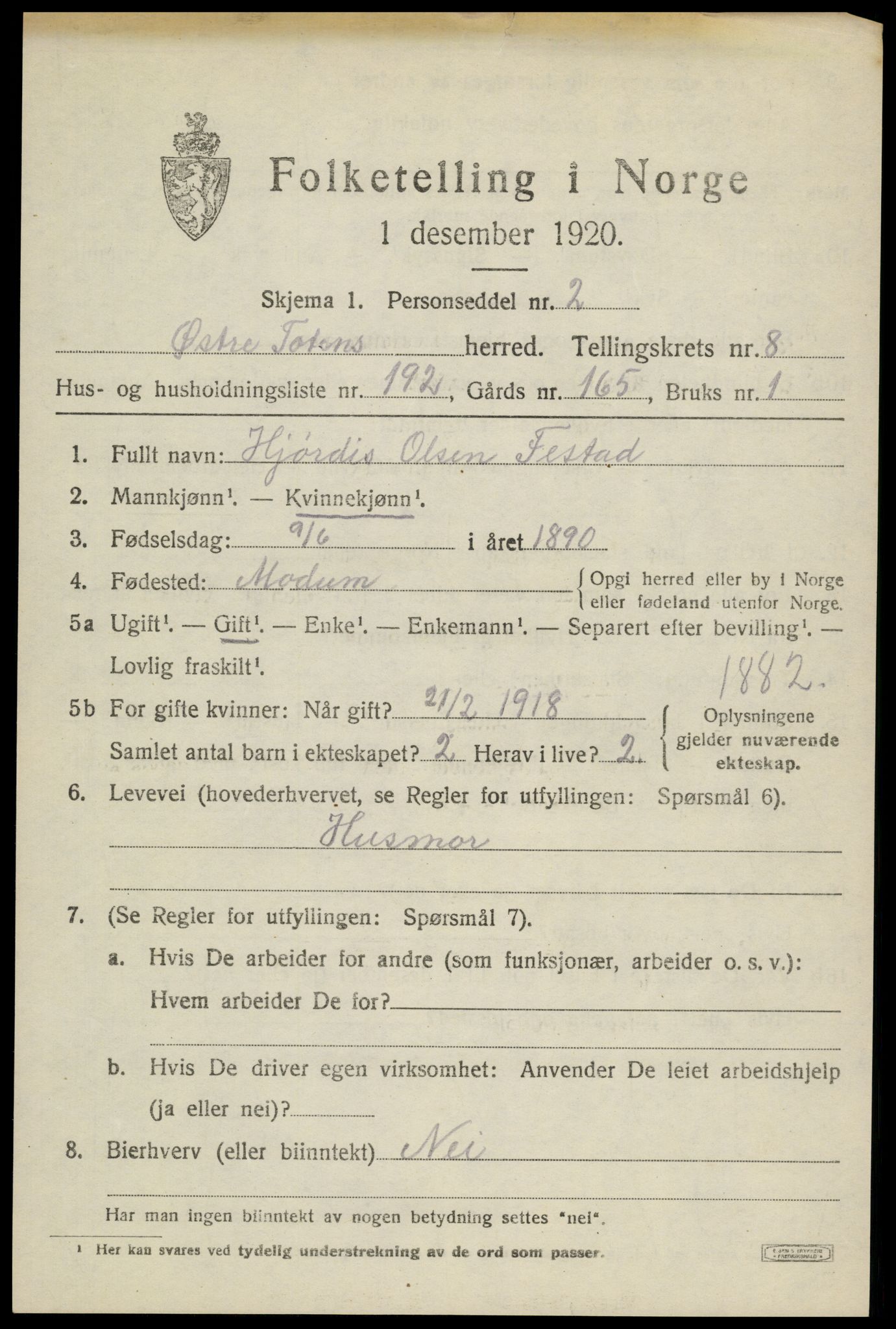 SAH, 1920 census for Østre Toten, 1920, p. 17792