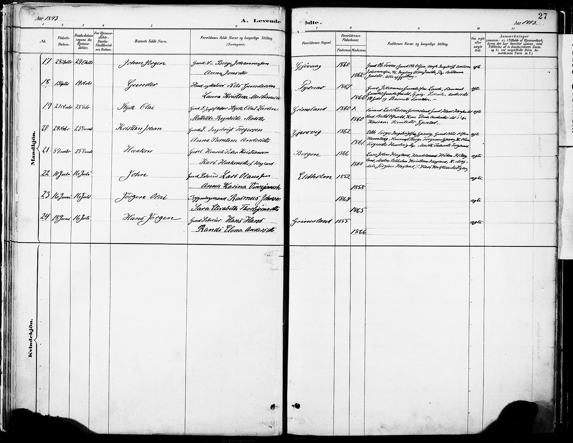 Tysnes sokneprestembete, AV/SAB-A-78601/H/Haa: Parish register (official) no. B 1, 1887-1906, p. 27