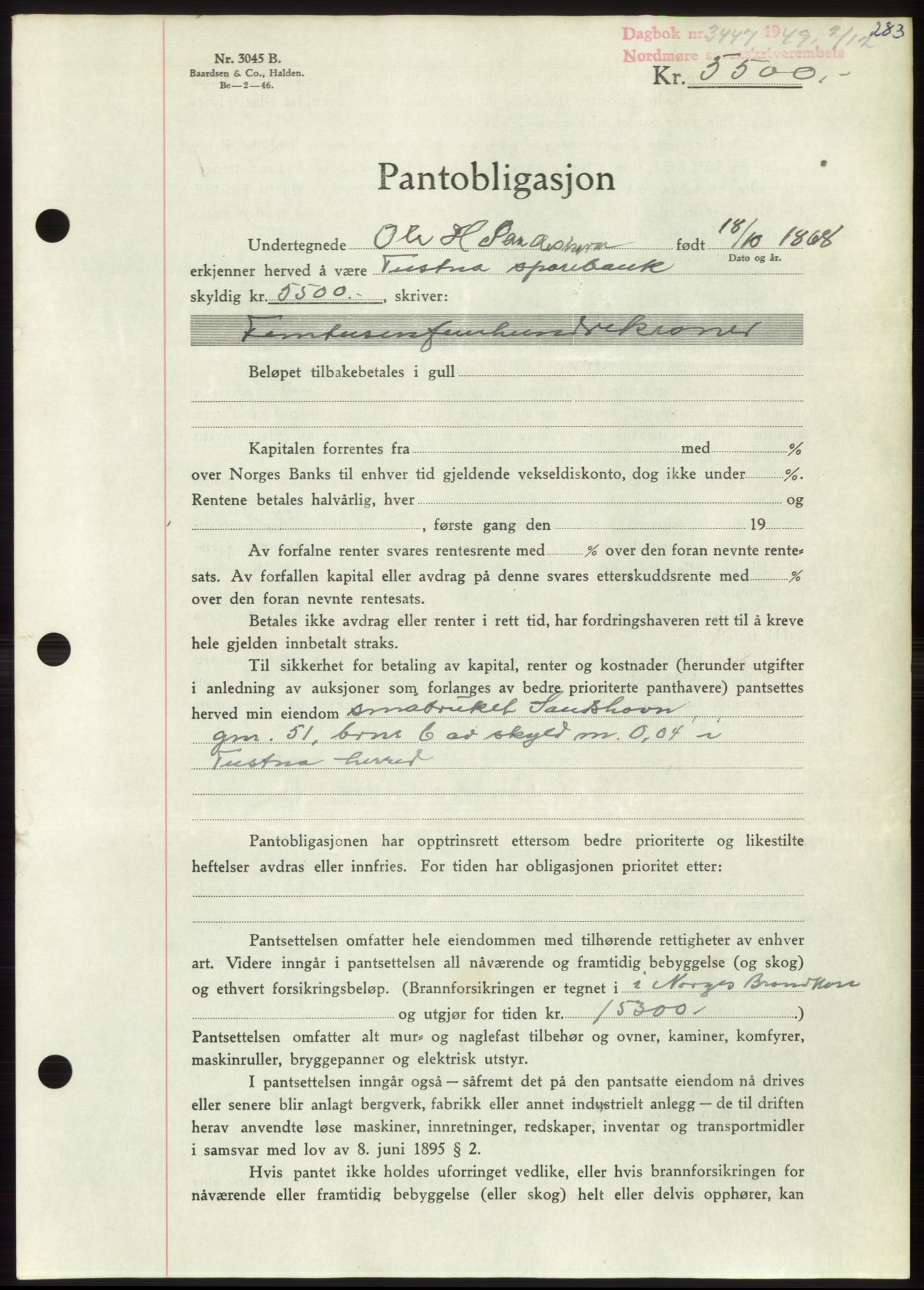 Nordmøre sorenskriveri, AV/SAT-A-4132/1/2/2Ca: Mortgage book no. B103, 1949-1950, Diary no: : 3447/1949