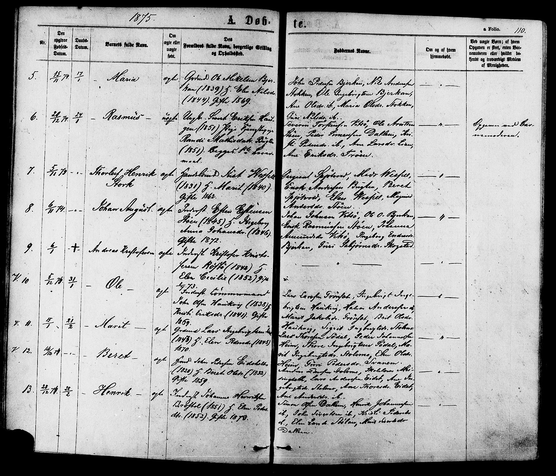 Ministerialprotokoller, klokkerbøker og fødselsregistre - Sør-Trøndelag, SAT/A-1456/630/L0495: Parish register (official) no. 630A08, 1868-1878, p. 110