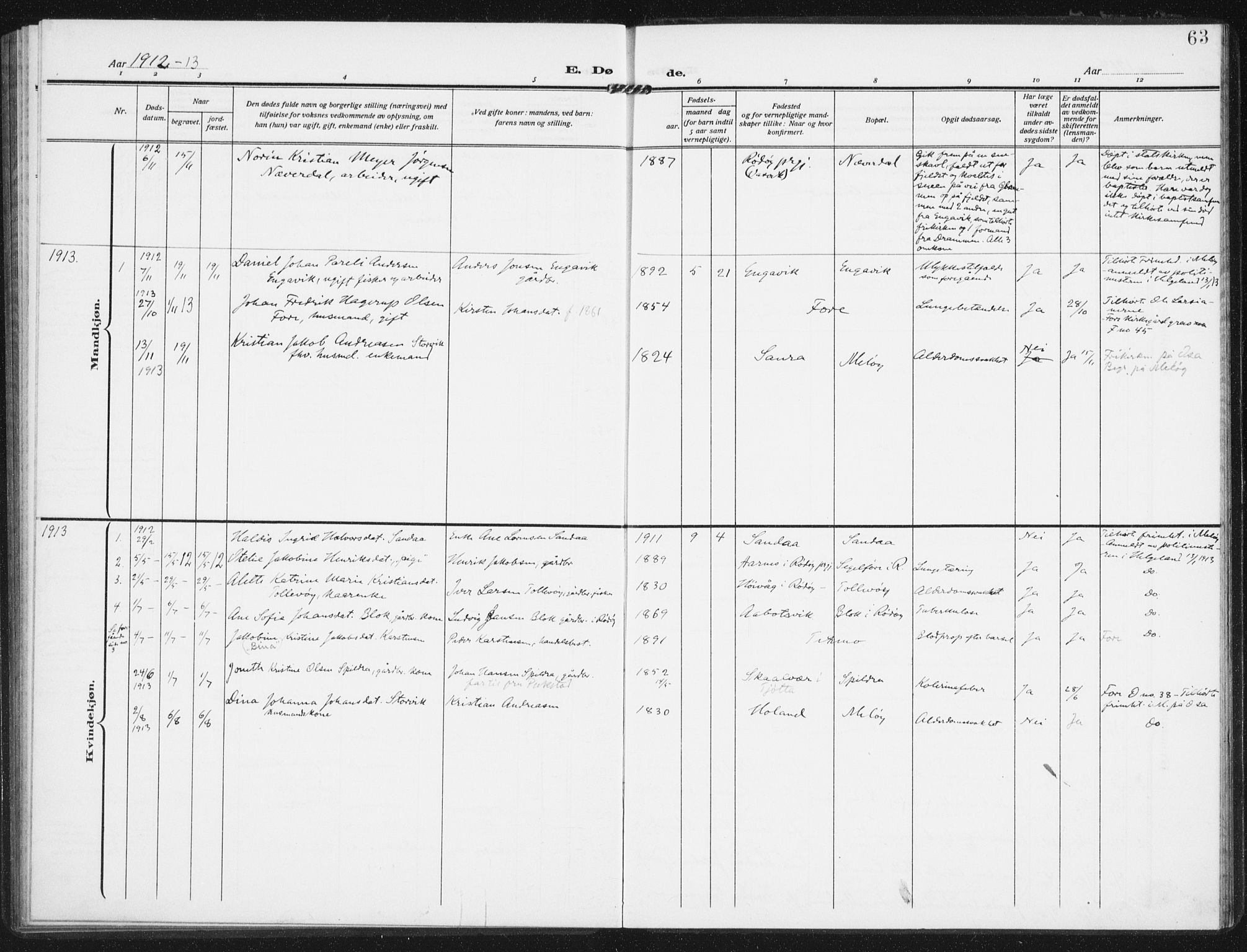 Ministerialprotokoller, klokkerbøker og fødselsregistre - Nordland, AV/SAT-A-1459/843/L0629: Parish register (official) no. 843A04, 1907-1925, p. 63