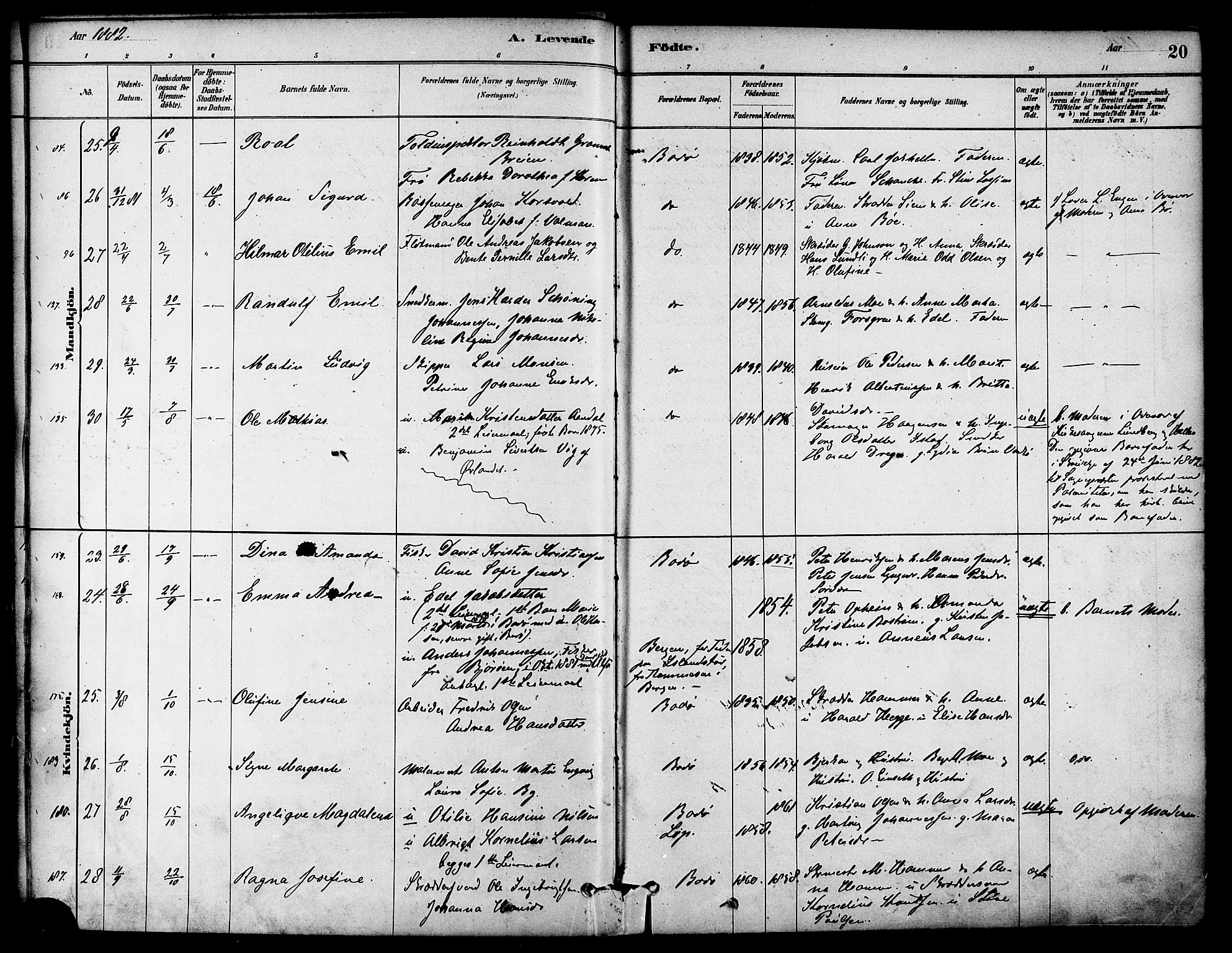 Ministerialprotokoller, klokkerbøker og fødselsregistre - Nordland, AV/SAT-A-1459/801/L0030: Parish register (copy) no. 801C05, 1879-1887, p. 20