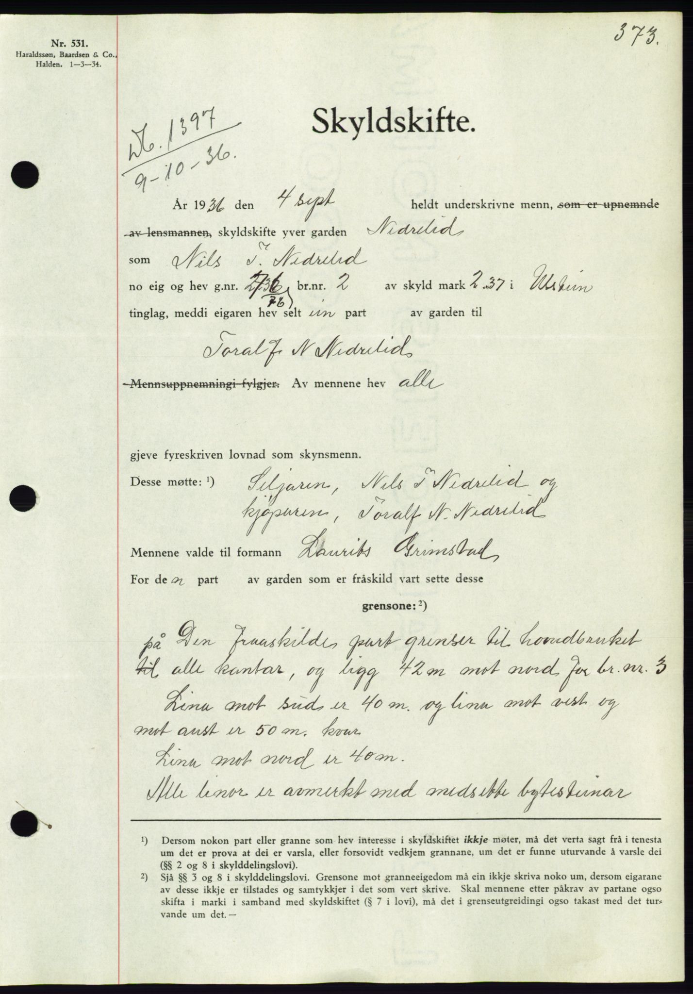 Søre Sunnmøre sorenskriveri, AV/SAT-A-4122/1/2/2C/L0061: Mortgage book no. 55, 1936-1936, Diary no: : 1397/1936