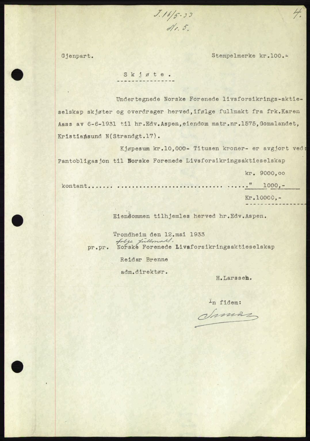 Kristiansund byfogd, AV/SAT-A-4587/A/27: Mortgage book no. 27, 1933-1934, Deed date: 16.05.1933