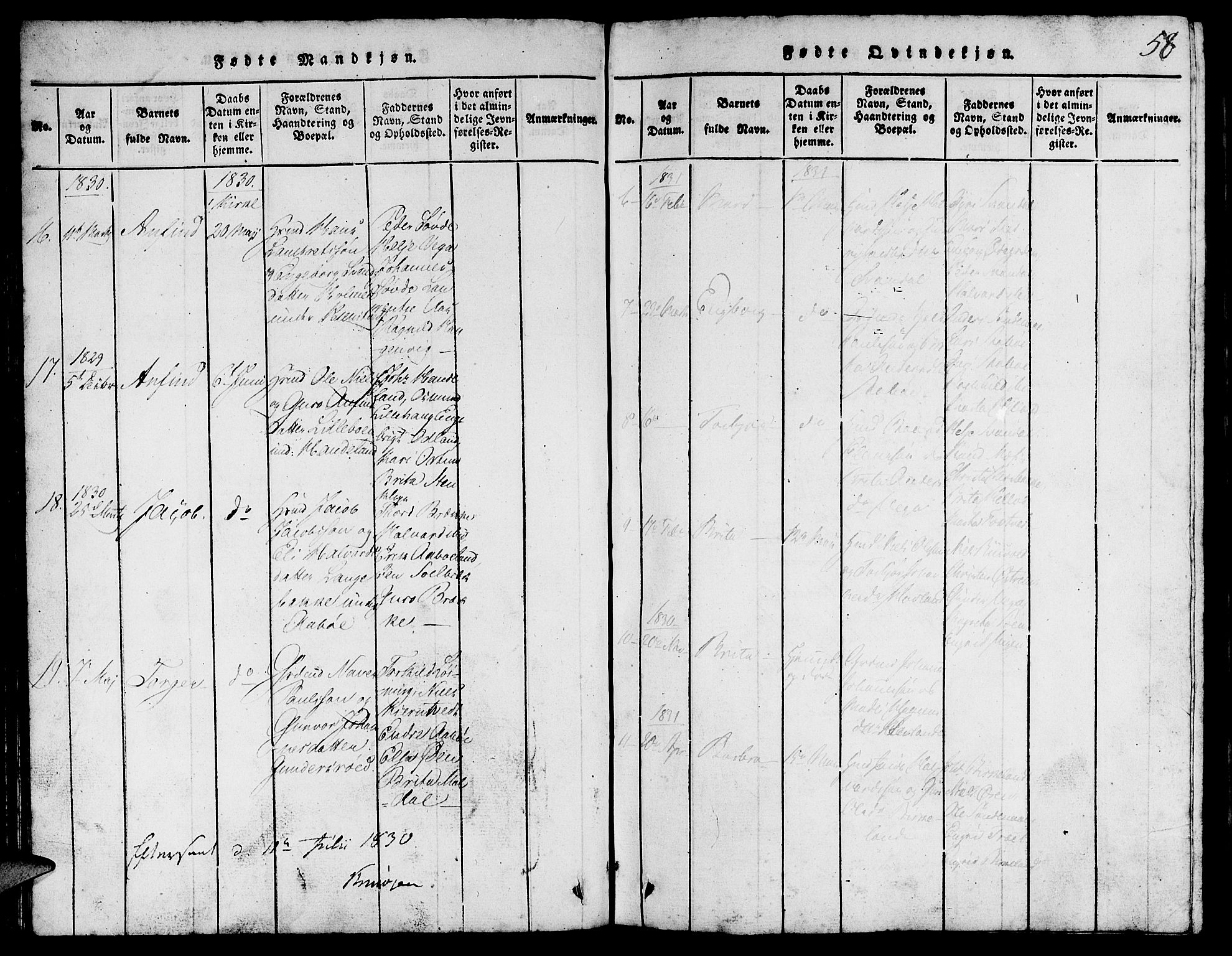 Suldal sokneprestkontor, SAST/A-101845/01/V/L0002: Parish register (copy) no. B 2, 1816-1845, p. 58