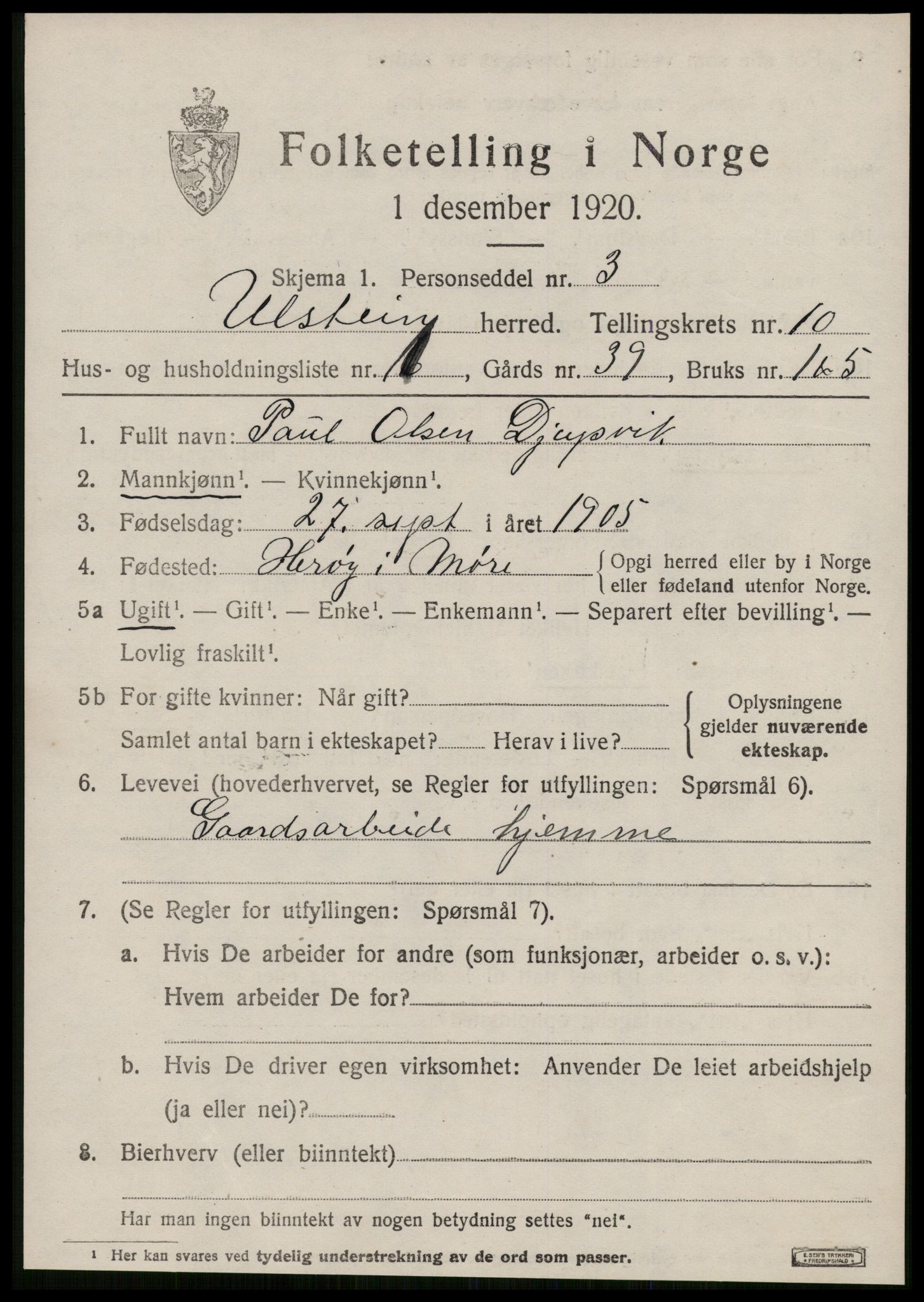 SAT, 1920 census for Ulstein, 1920, p. 5318