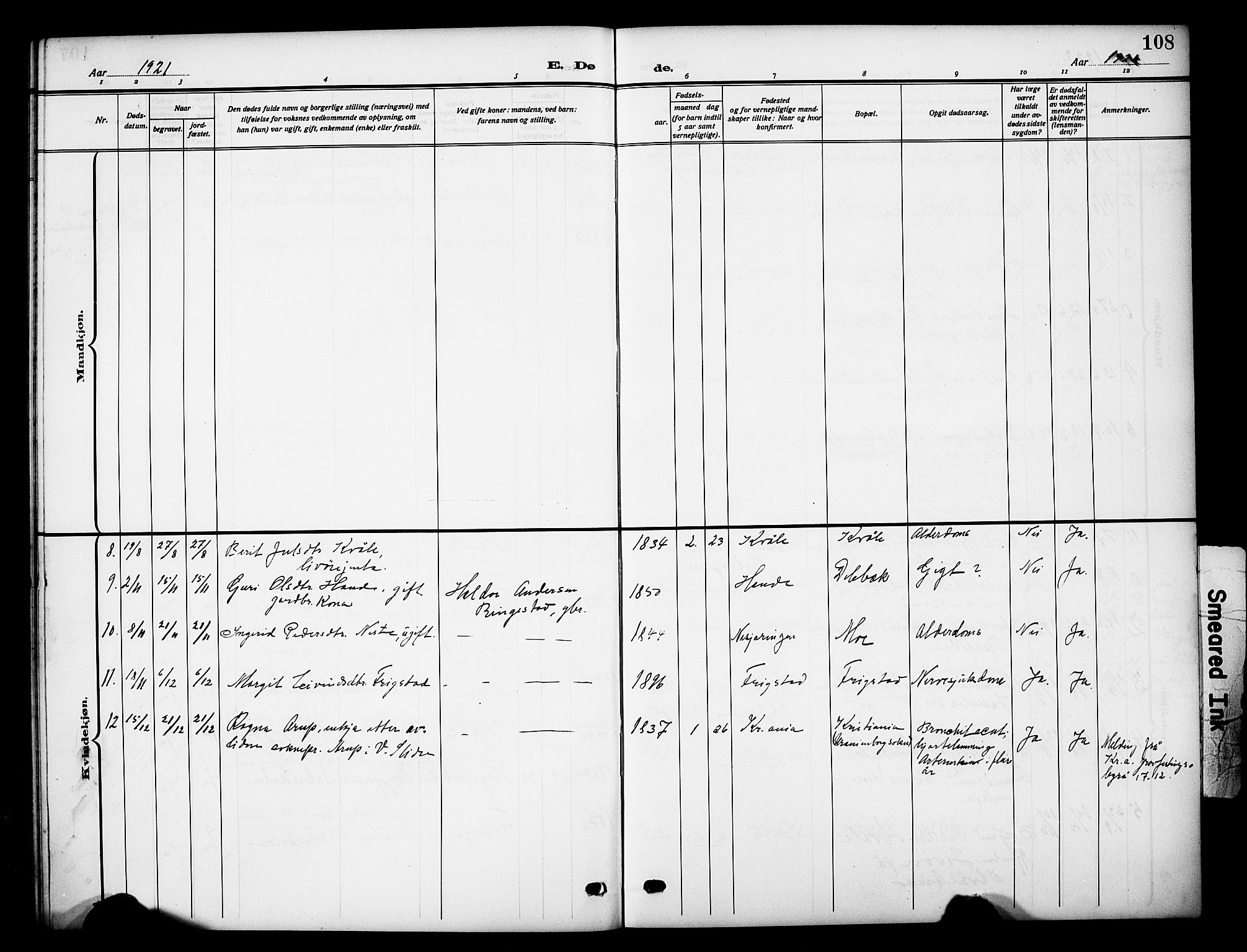 Vestre Slidre prestekontor, SAH/PREST-136/H/Ha/Hab/L0007: Parish register (copy) no. 7, 1909-1930, p. 108