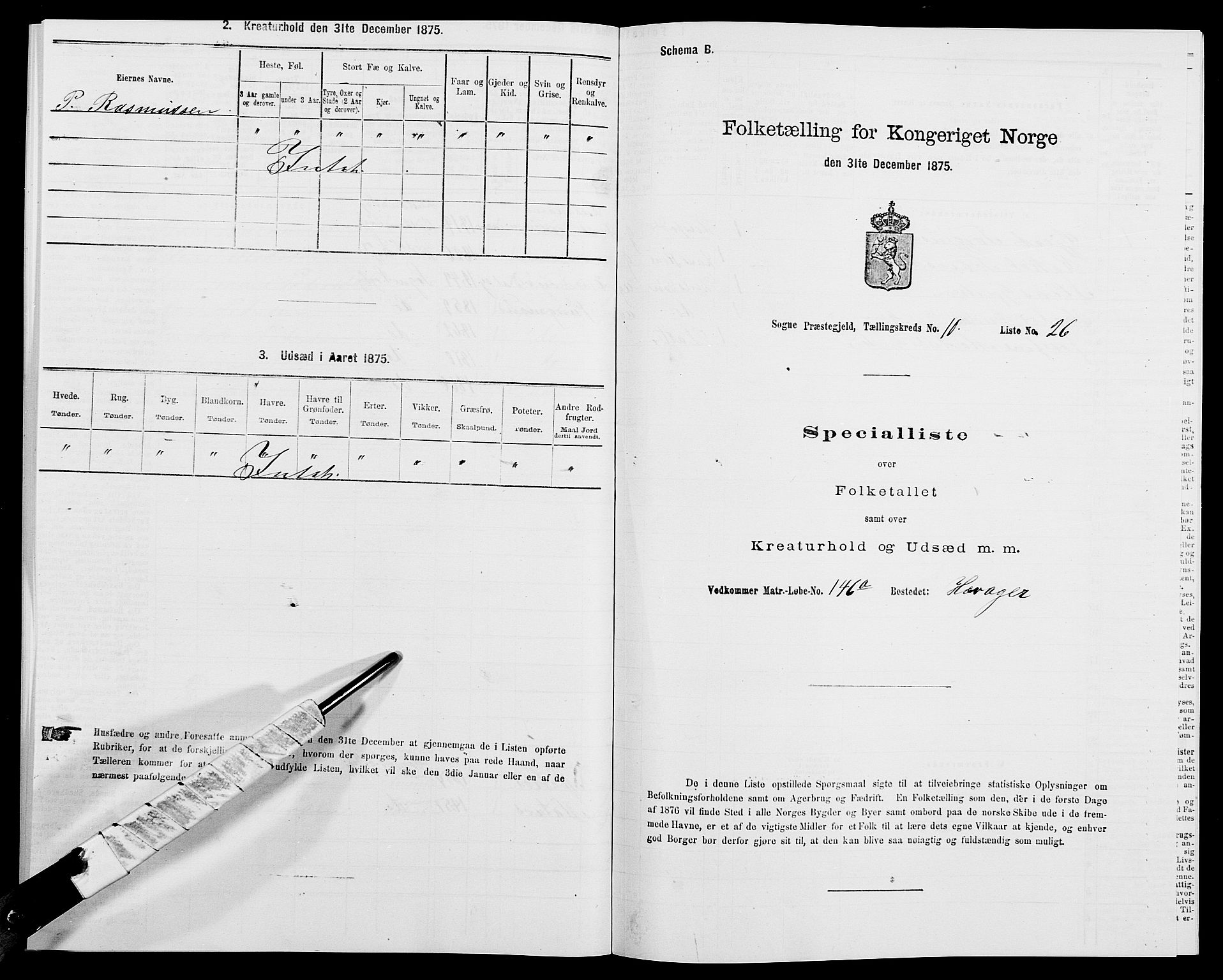 SAK, 1875 census for 1018P Søgne, 1875, p. 834