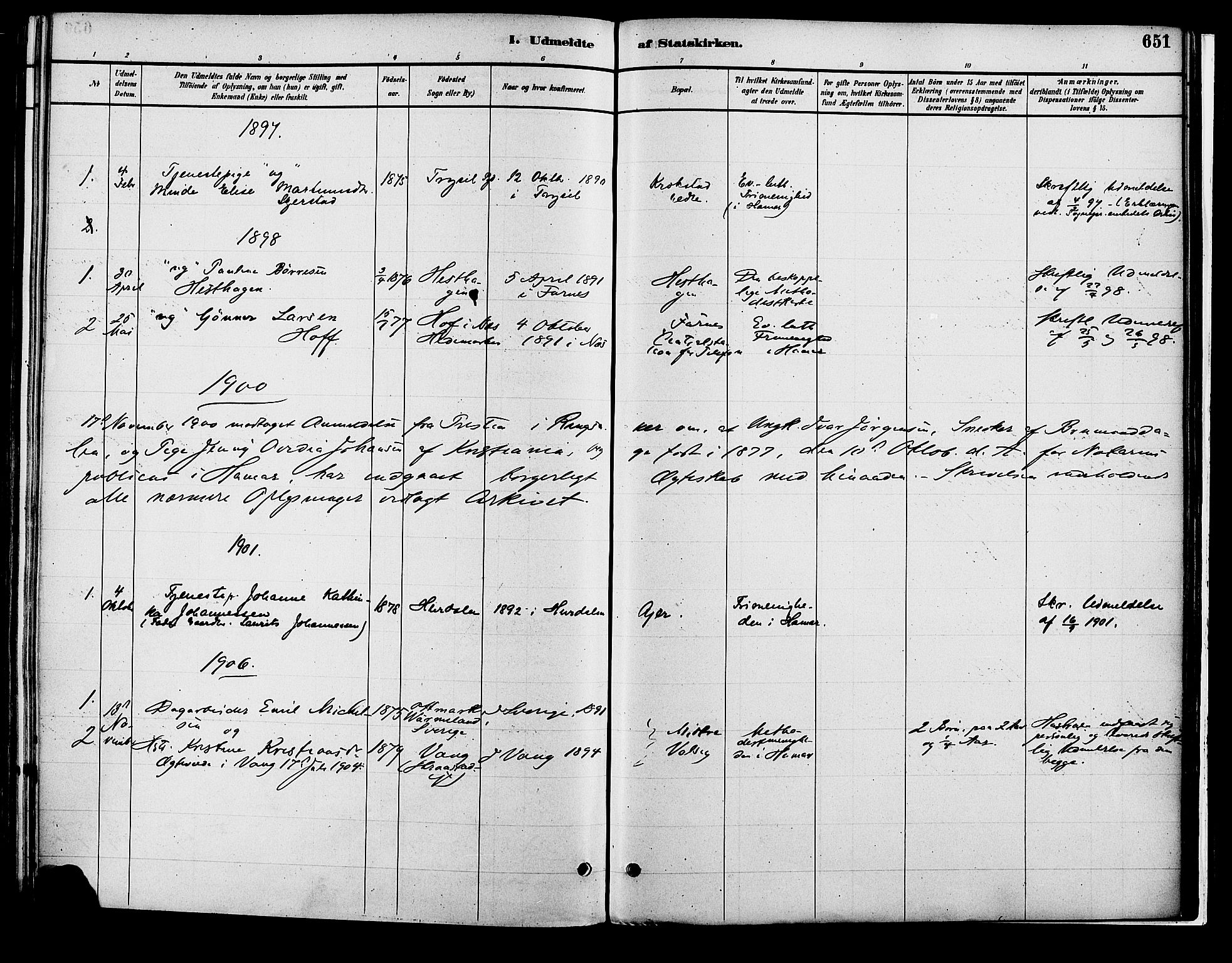 Vang prestekontor, Hedmark, SAH/PREST-008/H/Ha/Haa/L0018B: Parish register (official) no. 18B, 1880-1906, p. 651