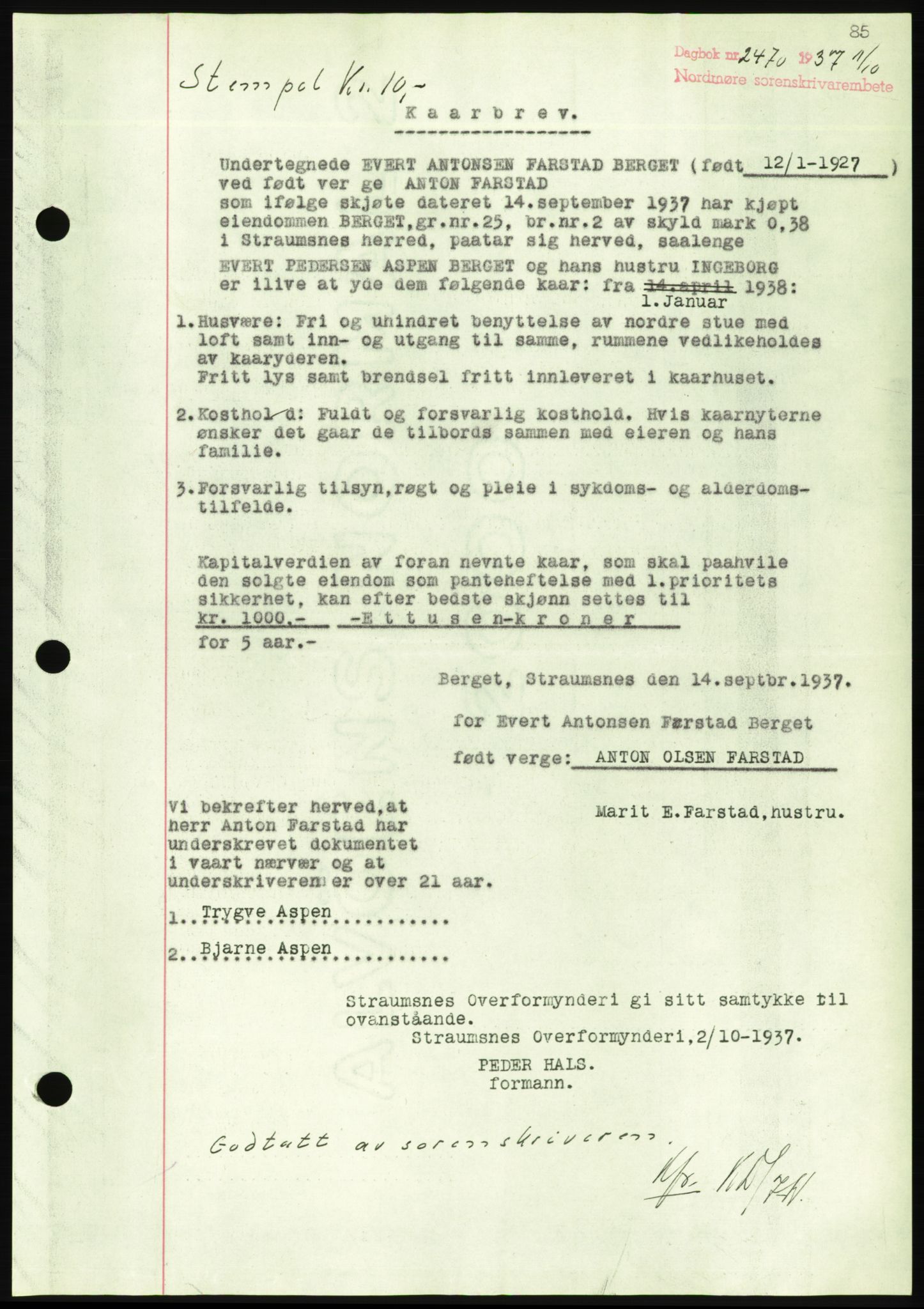 Nordmøre sorenskriveri, AV/SAT-A-4132/1/2/2Ca/L0092: Mortgage book no. B82, 1937-1938, Diary no: : 2470/1937