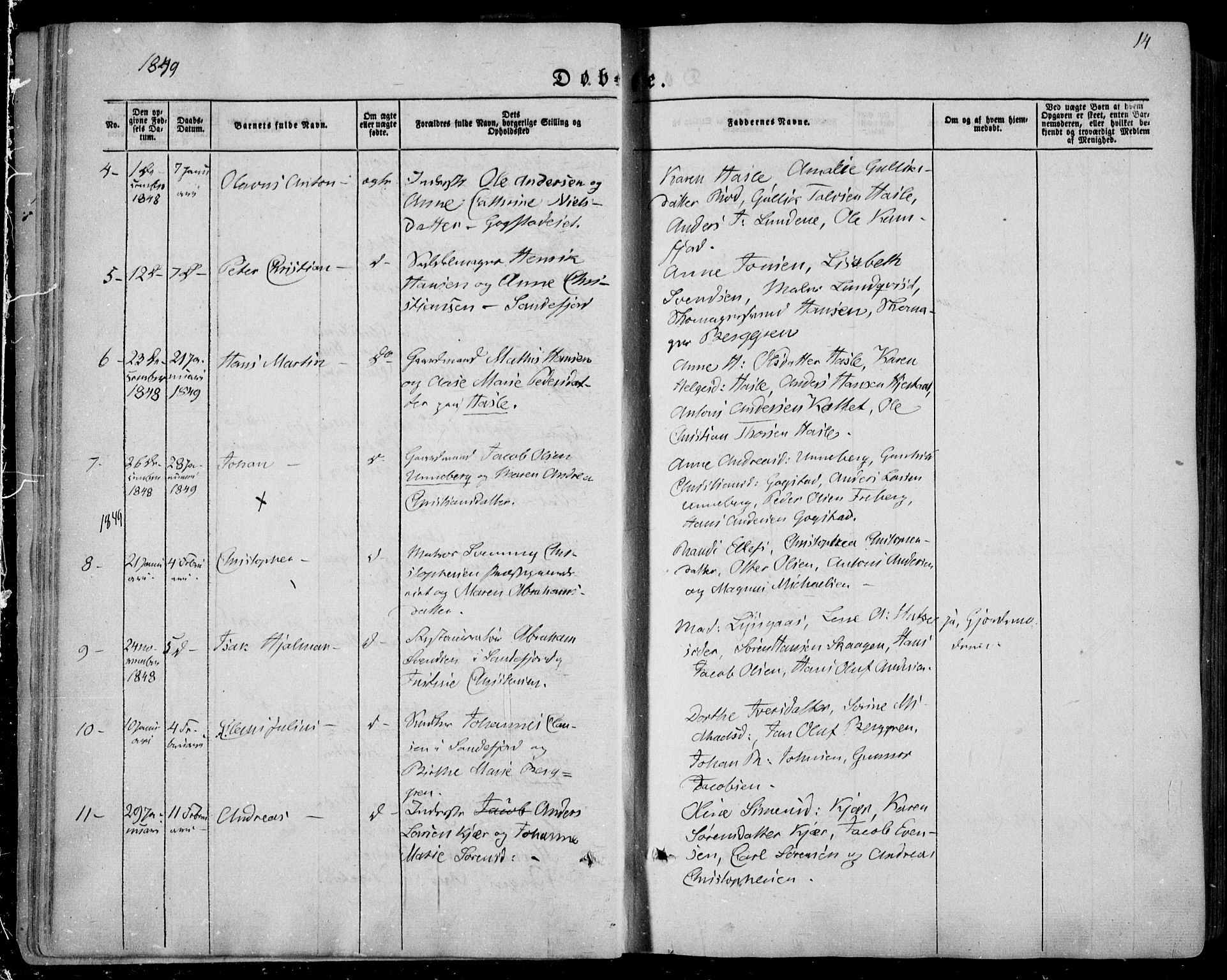 Sandar kirkebøker, SAKO/A-243/F/Fa/L0006: Parish register (official) no. 6, 1847-1860, p. 14