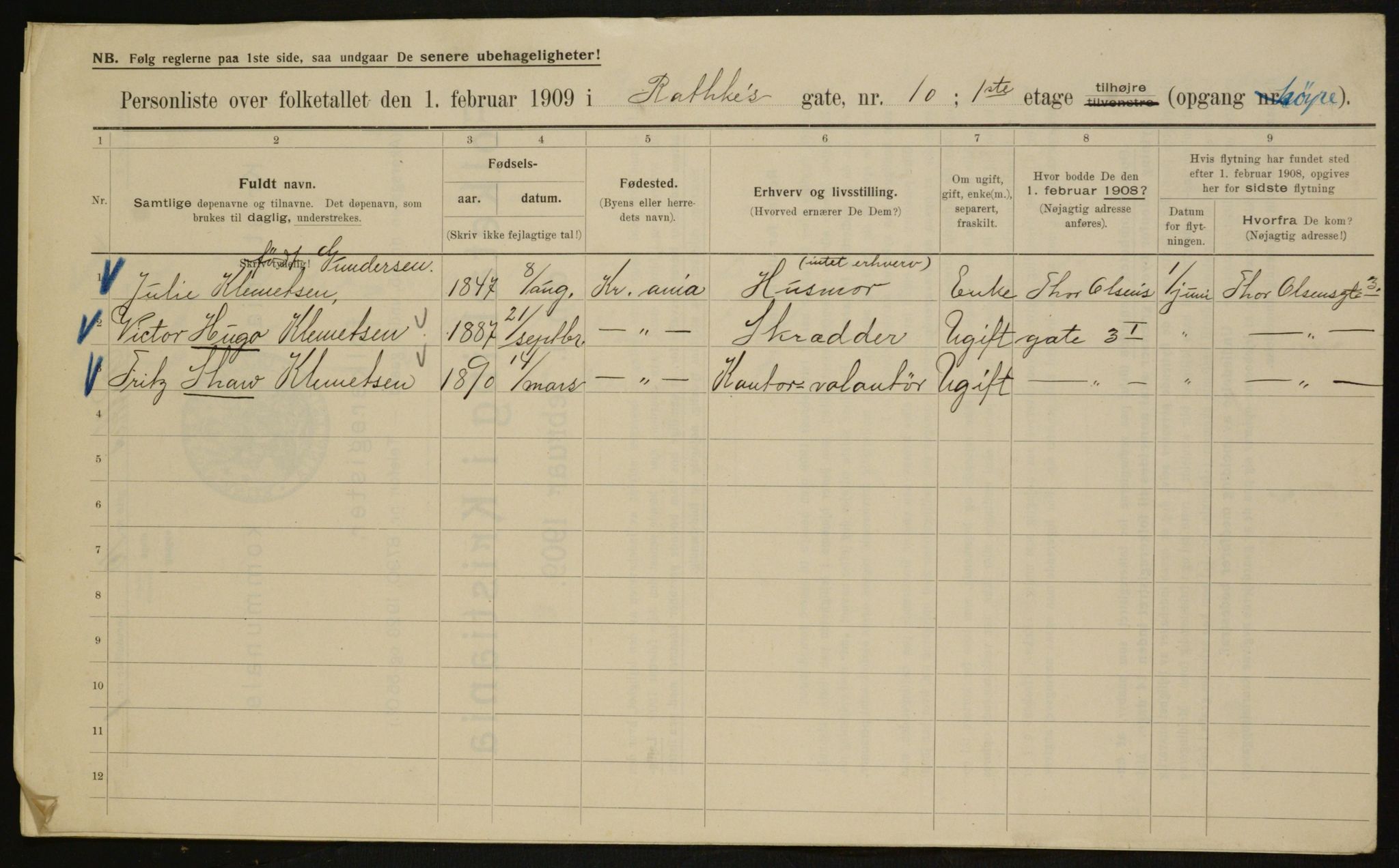 OBA, Municipal Census 1909 for Kristiania, 1909, p. 74662