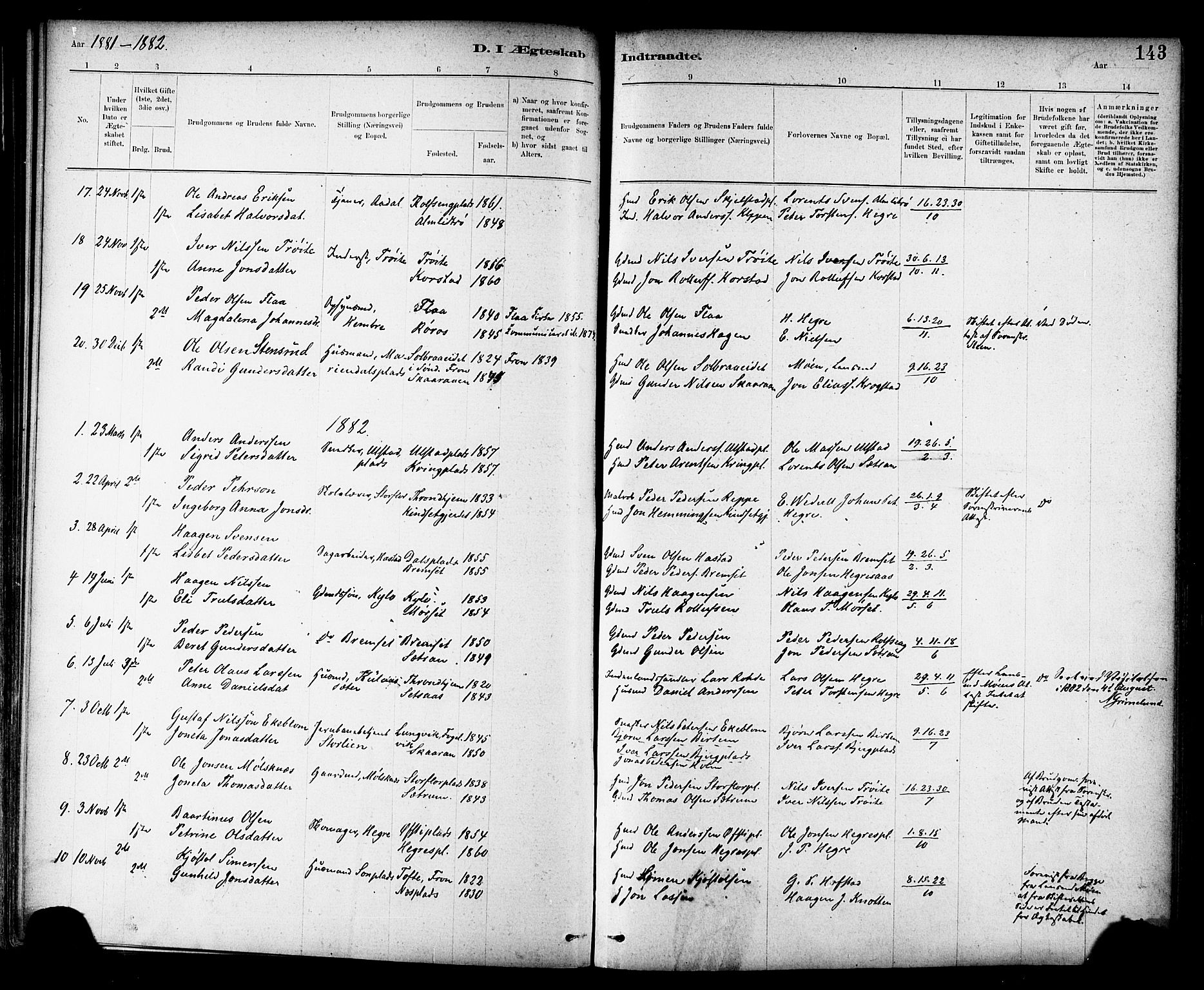 Ministerialprotokoller, klokkerbøker og fødselsregistre - Nord-Trøndelag, SAT/A-1458/703/L0030: Parish register (official) no. 703A03, 1880-1892, p. 143