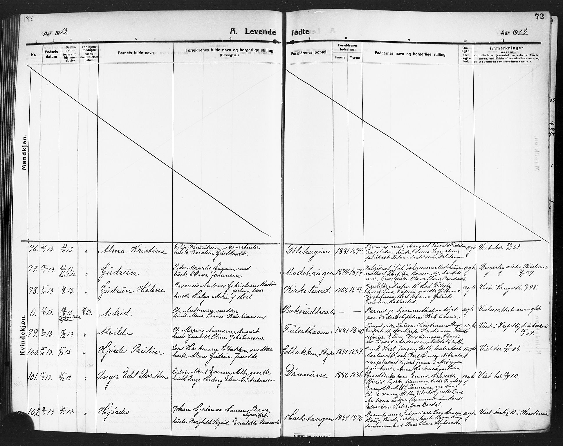 Eidsvoll prestekontor Kirkebøker, AV/SAO-A-10888/G/Ga/L0008: Parish register (copy) no. I 8, 1909-1918, p. 72