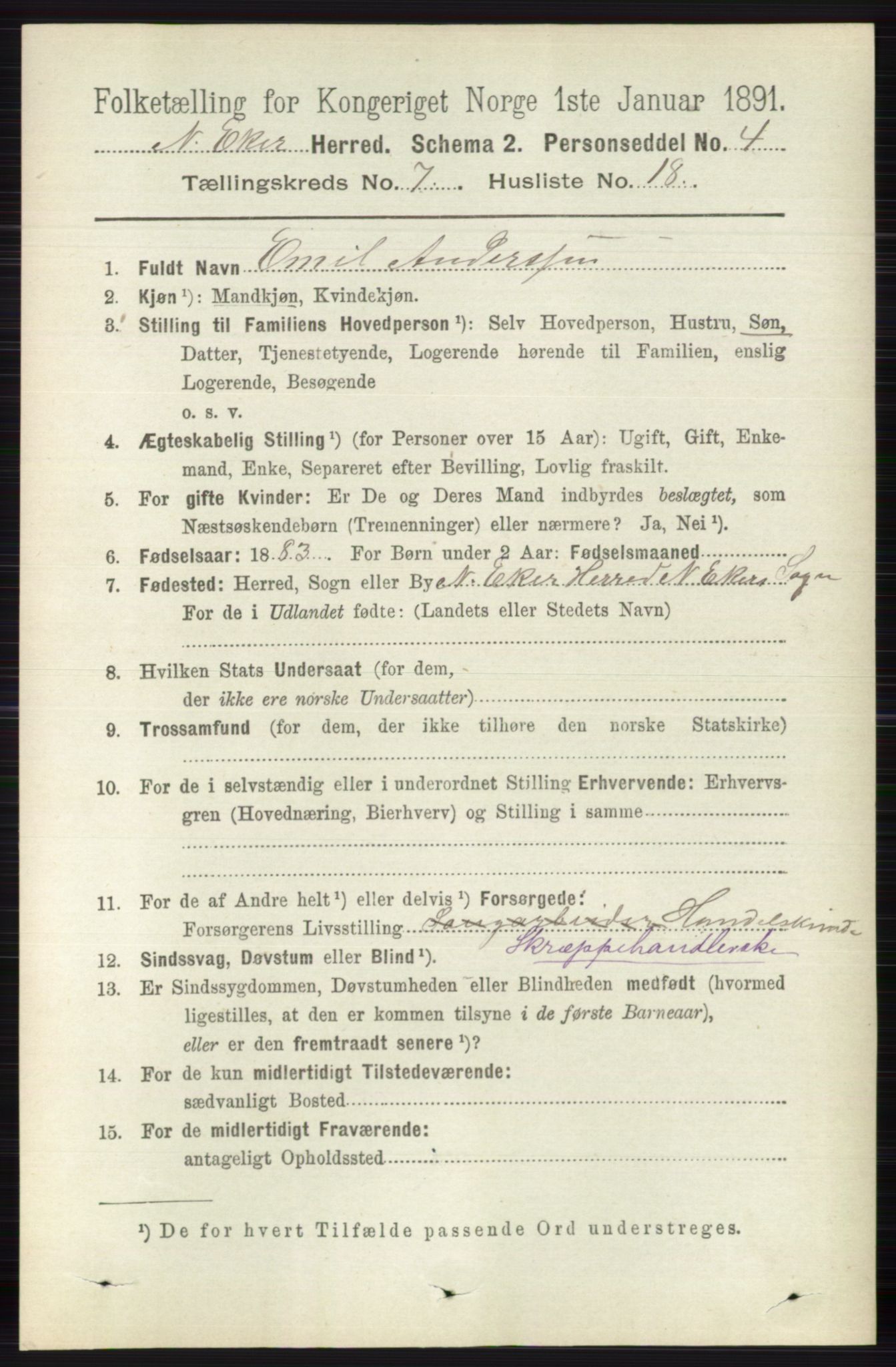 RA, 1891 census for 0625 Nedre Eiker, 1891, p. 3510